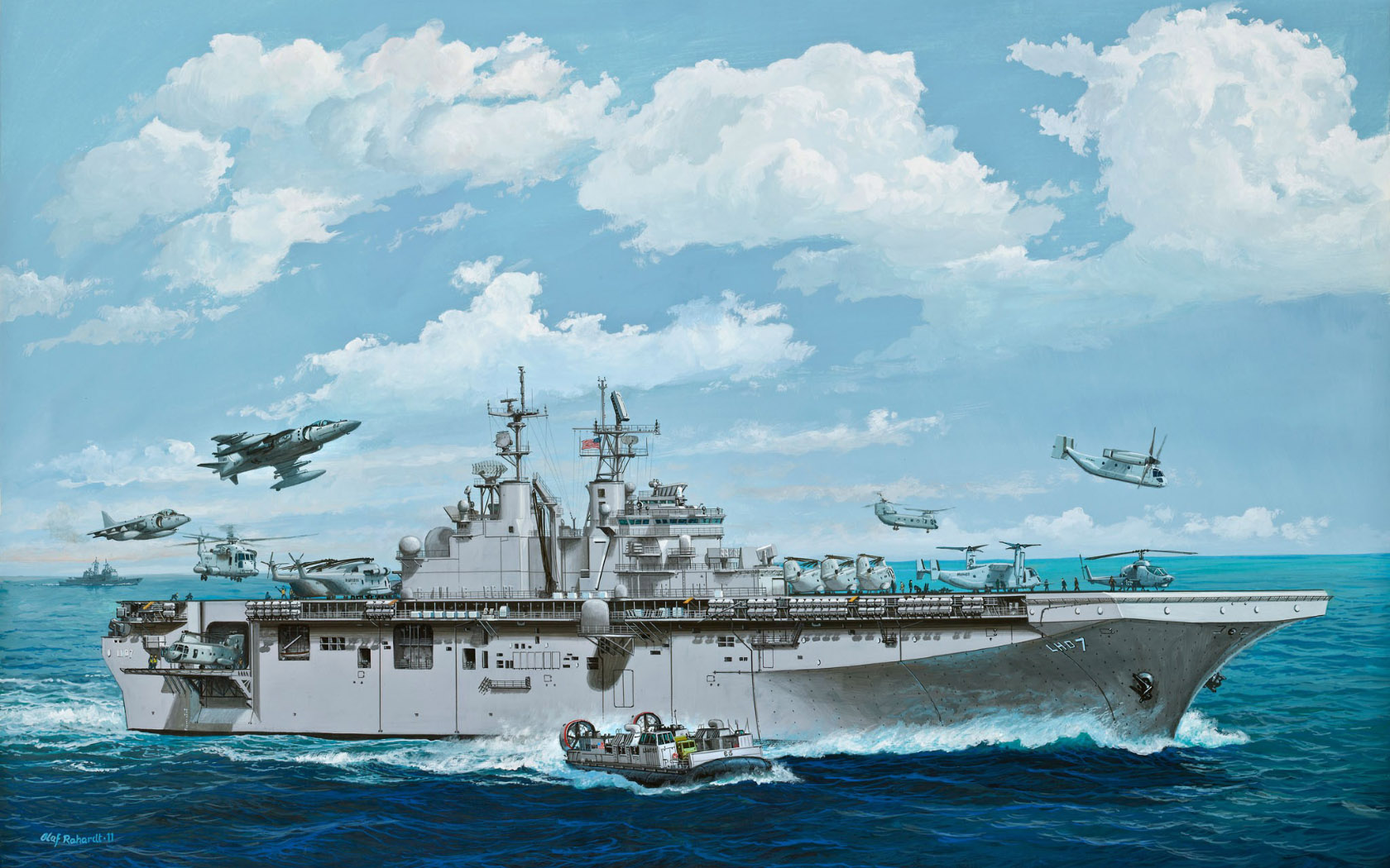 General 1680x1050 warship sea sky aircraft flying military military vehicle clouds water waves artwork boat United States Navy AV-8B Harrier II Sikorsky CH-53D Sea Stallion Boeing-Bell V-22 Osprey Olaf Rahardt signature USS Iwo Jima (LHD-7) Wasp-class amphibious assault ship Boxart