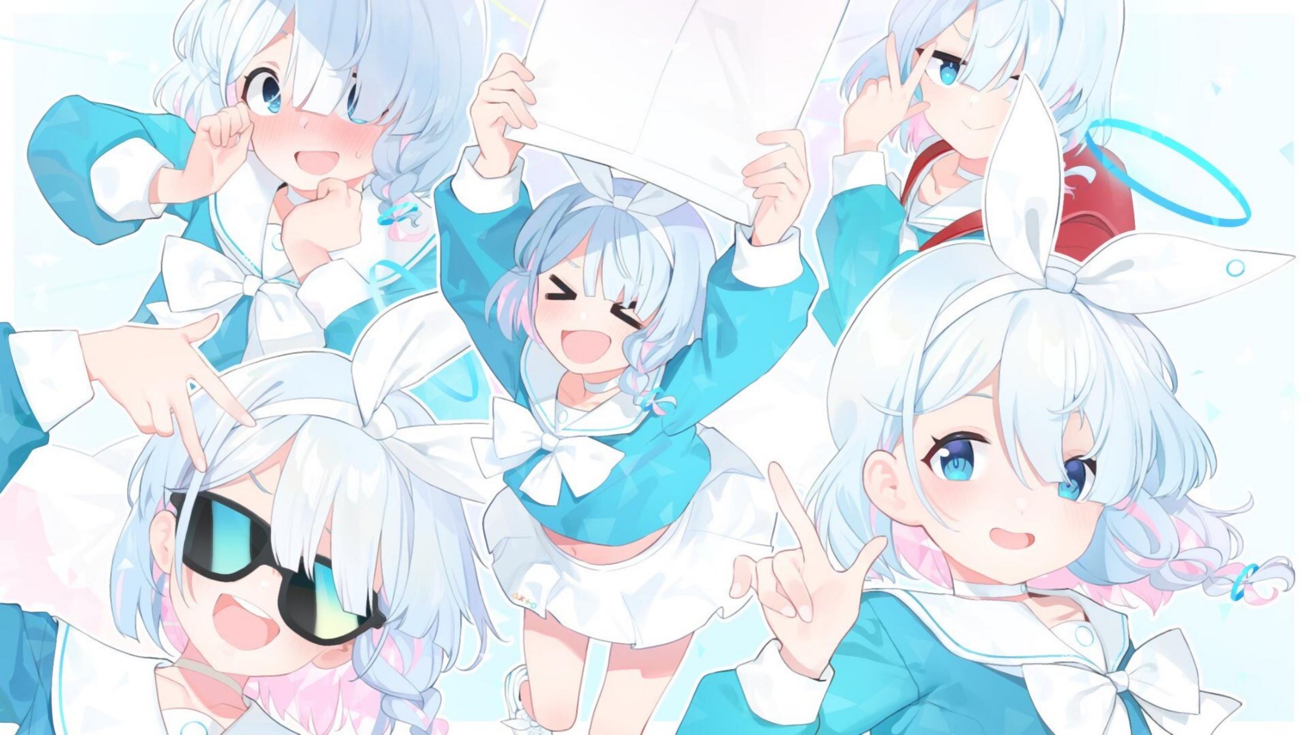 Anime 2561x1440 Blue Archive arona (blue archive) white background blue eyes randoseru sailor uniform blue hair halo anime girls anime games closed eyes open mouth blushing looking at viewer sunglasses two tone hair backpacks bow tie