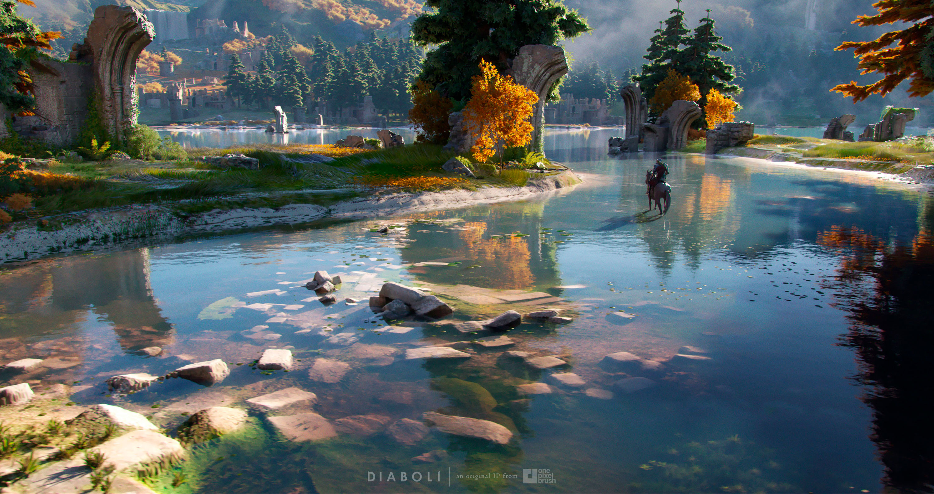 General 3000x1587 One Pixel Brush CGI landscape lake ruins reflection water rocks digital art watermarked