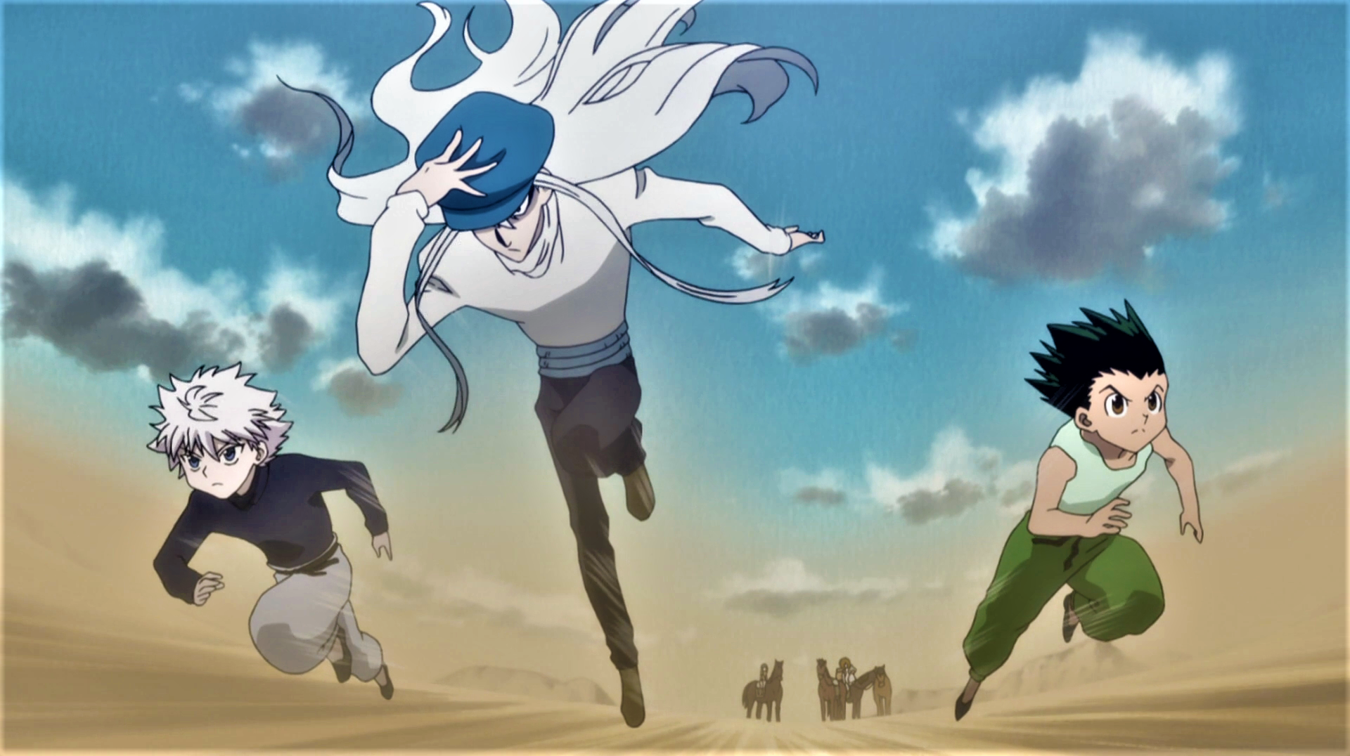 Anime 1920x1076 Hunter x Hunter Killua Zoldyck Gon Freecss kite  running sky clouds white hair green hair anime Anime screenshot anime boys