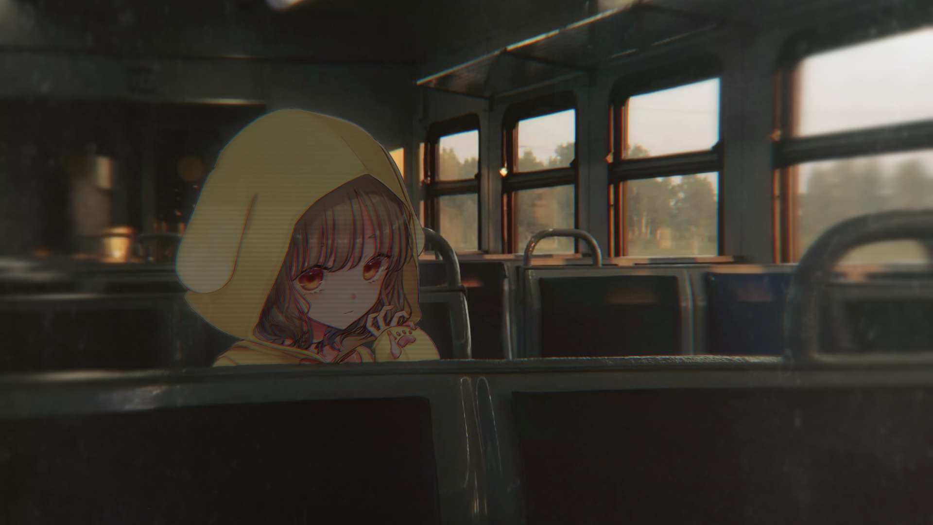 Anime 1920x1080 animeirl hoods train looking at viewer anime girls sitting interior window