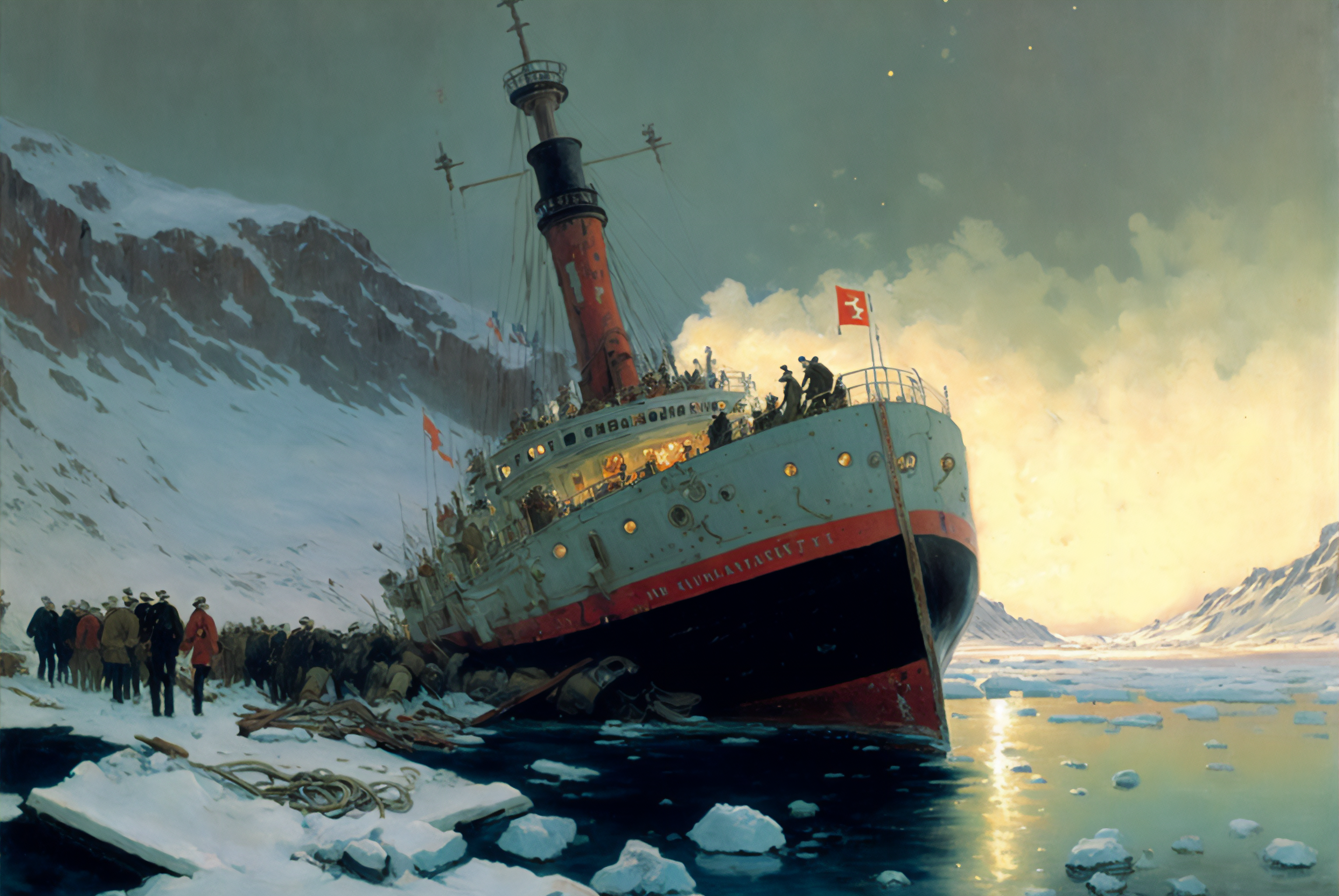 General 3060x2048 ship shipwreck ice water mountains people crowds AI art