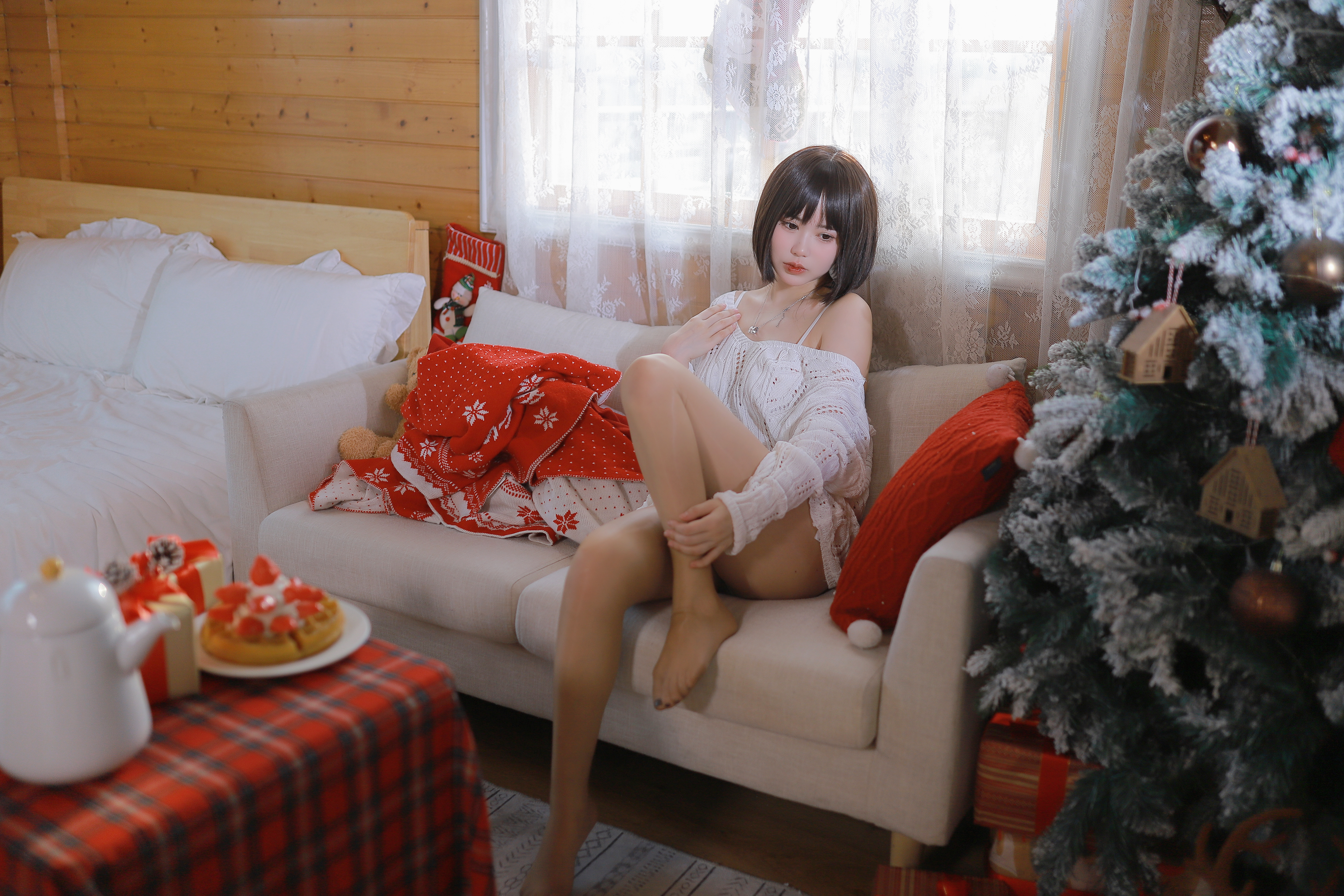 People 4096x2730 Tina (Asian model) big boobs on sofa sitting legs feet Asian women Christmas