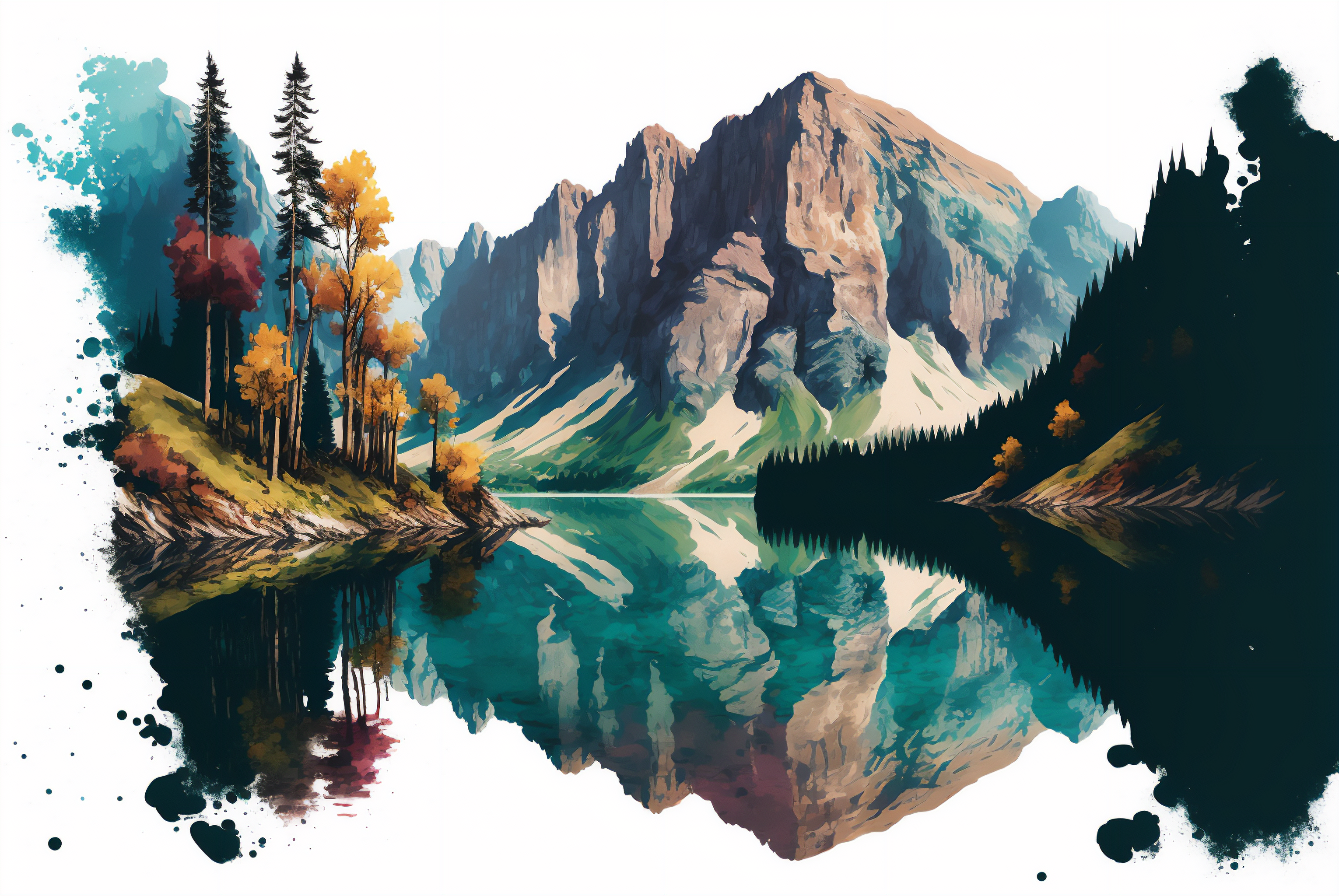 General 3060x2048 AI art watercolor style mountains lake landscape water reflection nature trees