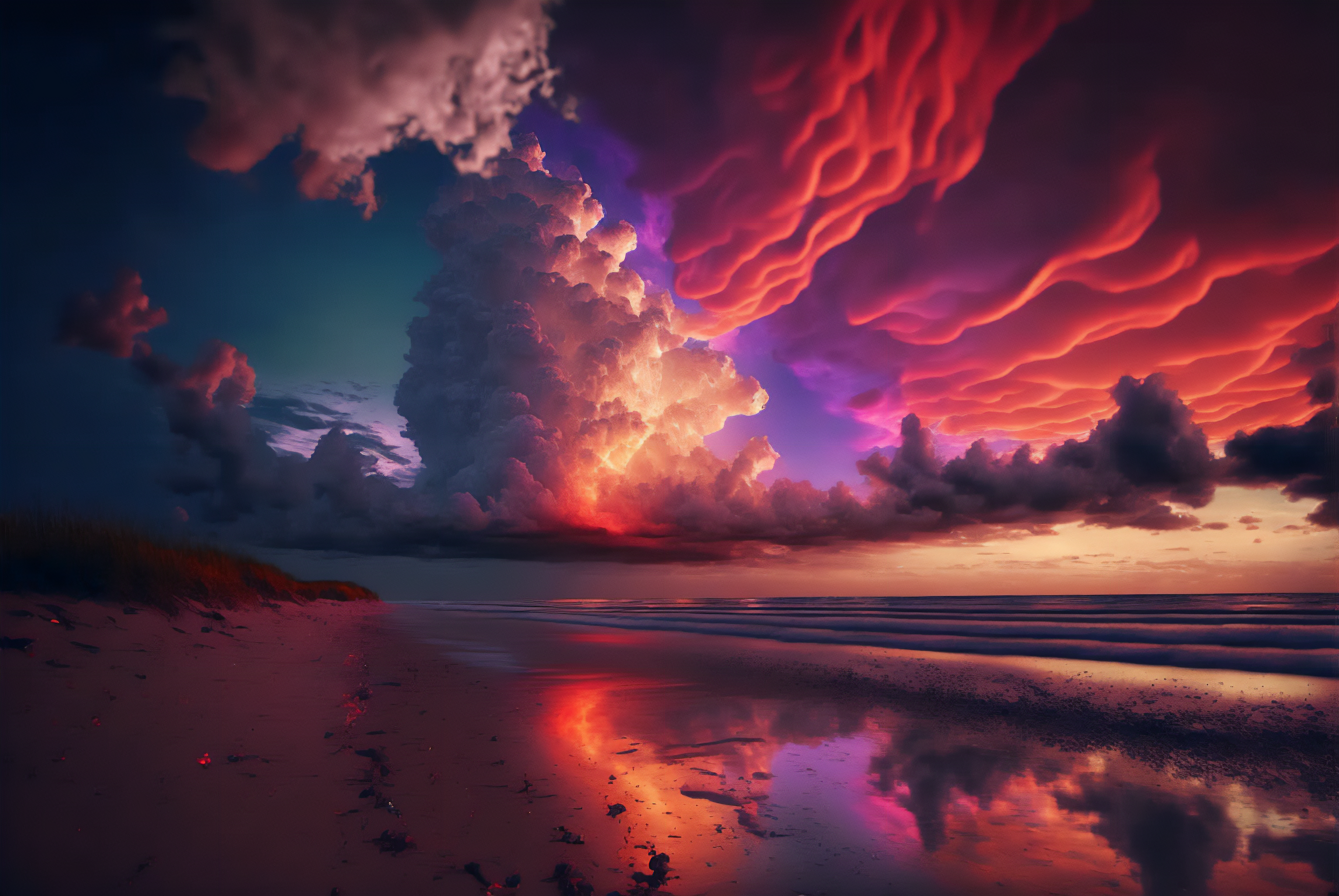 General 3060x2048 beach clouds colorful sunset glow water reflection