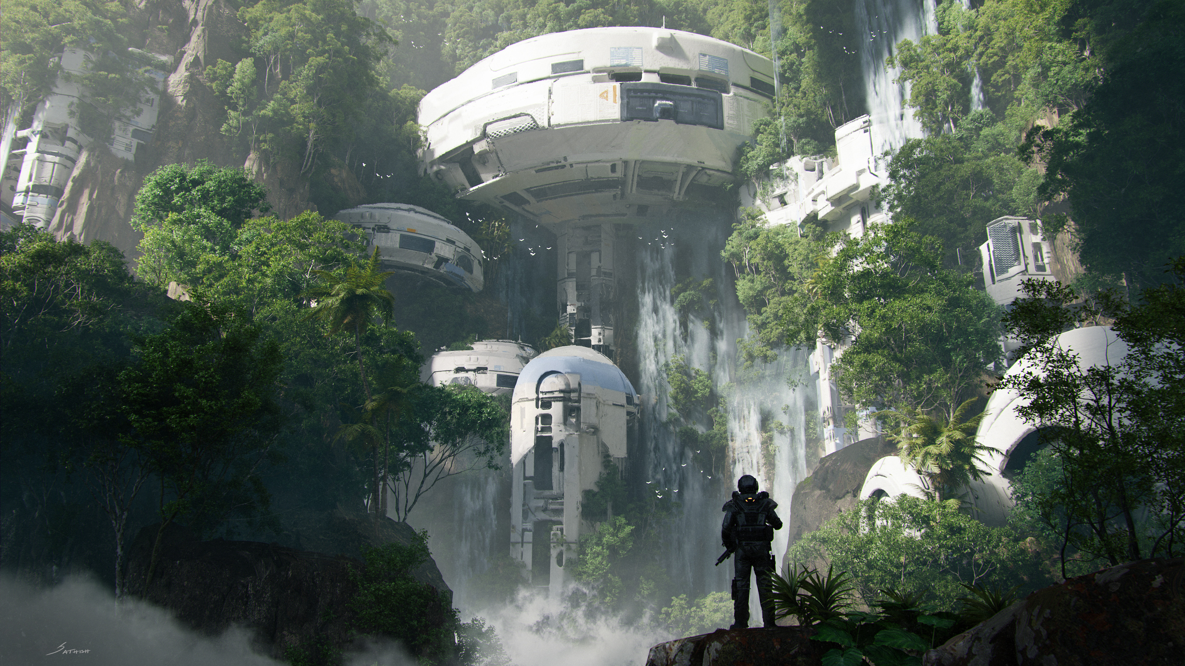 General 3840x2160 fantasy art waterfall forest trees building futuristic science fiction water