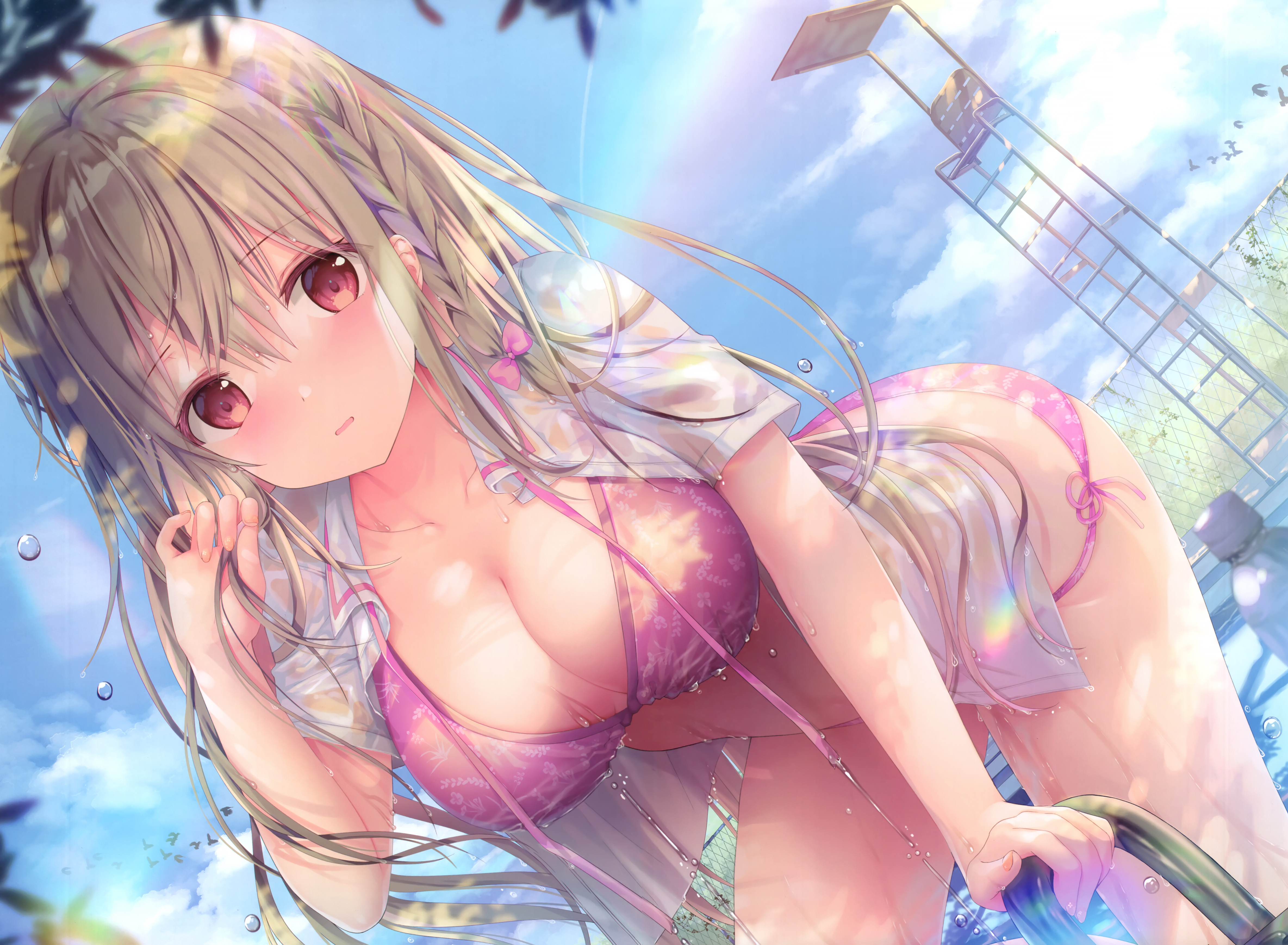 Anime 4738x3475 anime anime girls cleavage bikini wet body wet blonde braids big boobs red eyes rainbows dripping swimming pool blushing bright