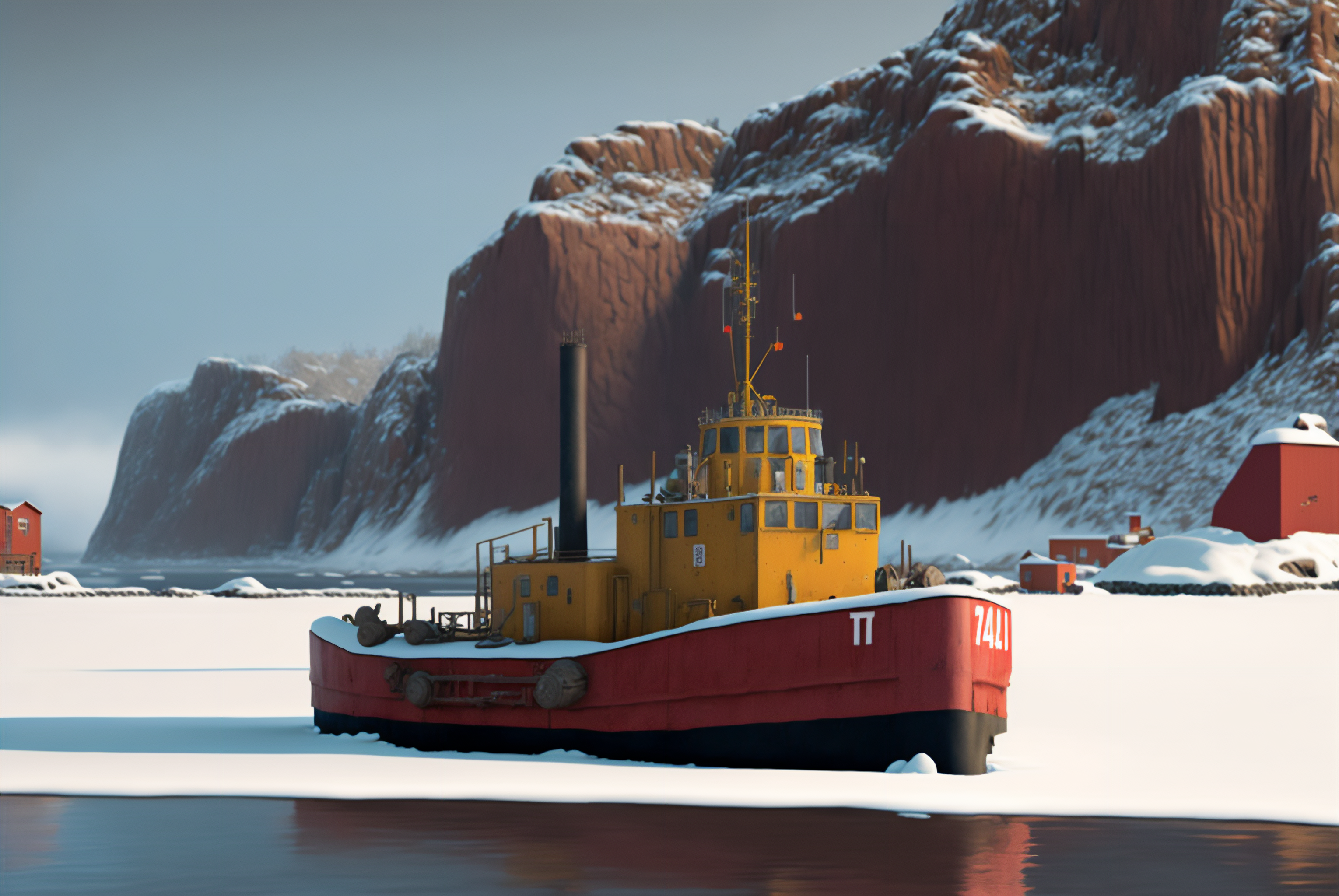 General 3060x2048 AI art painting tugboat winter snow ice