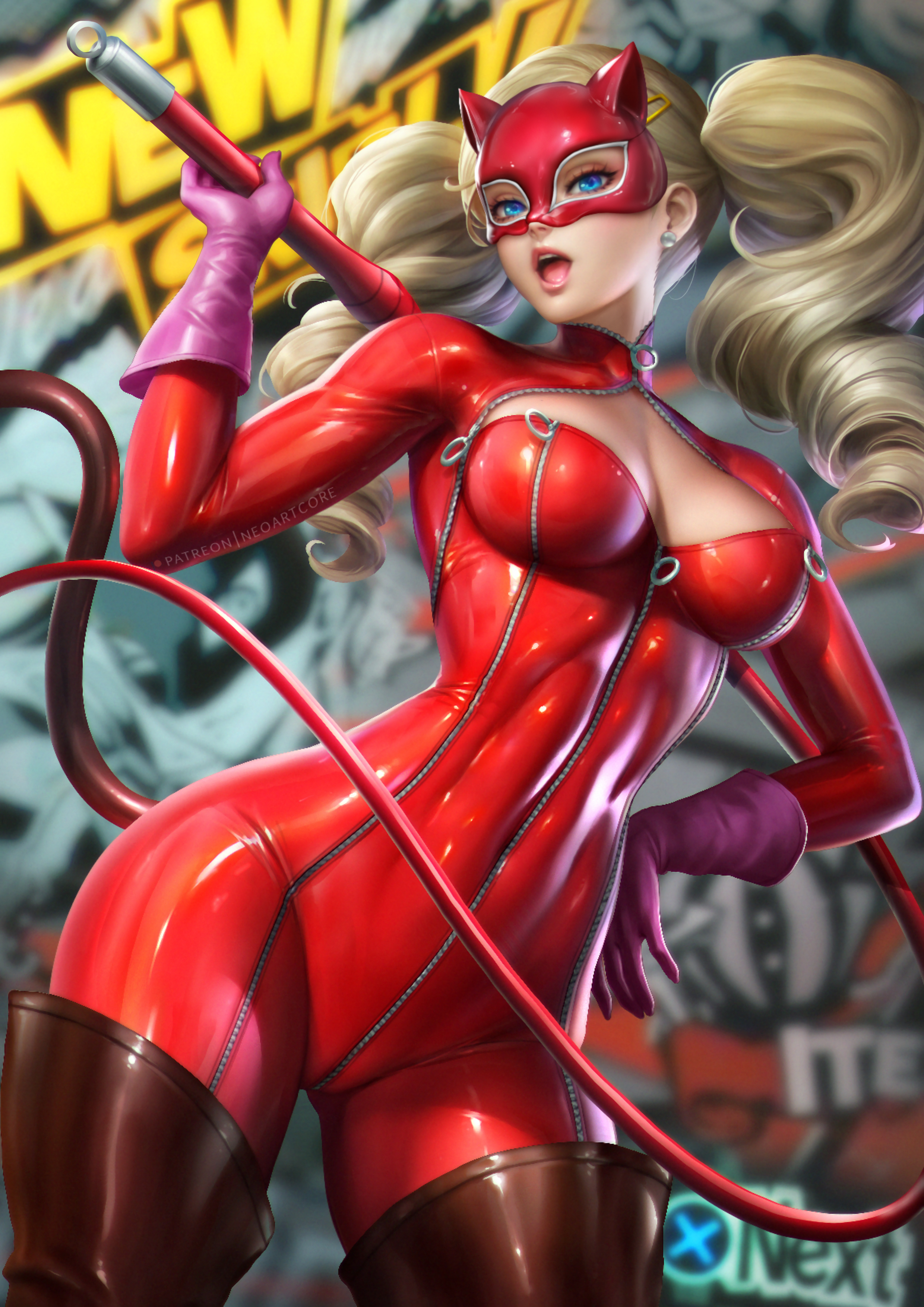 Anime 2480x3508 Ann Takamaki  NeoArtCorE (artist) big boobs thick thigh tight clothing catsuit Persona 5 blue eyes blonde mask whips thighboots cleavage cleavage cutout looking at viewer anime girls portrait display