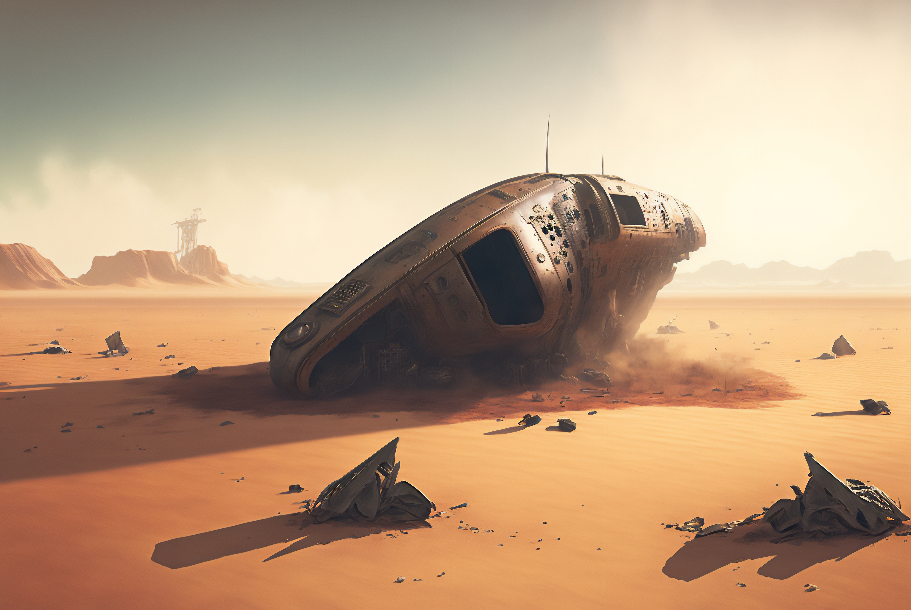 General 3060x2048 AI art concept art illustration desert wreck spaceship