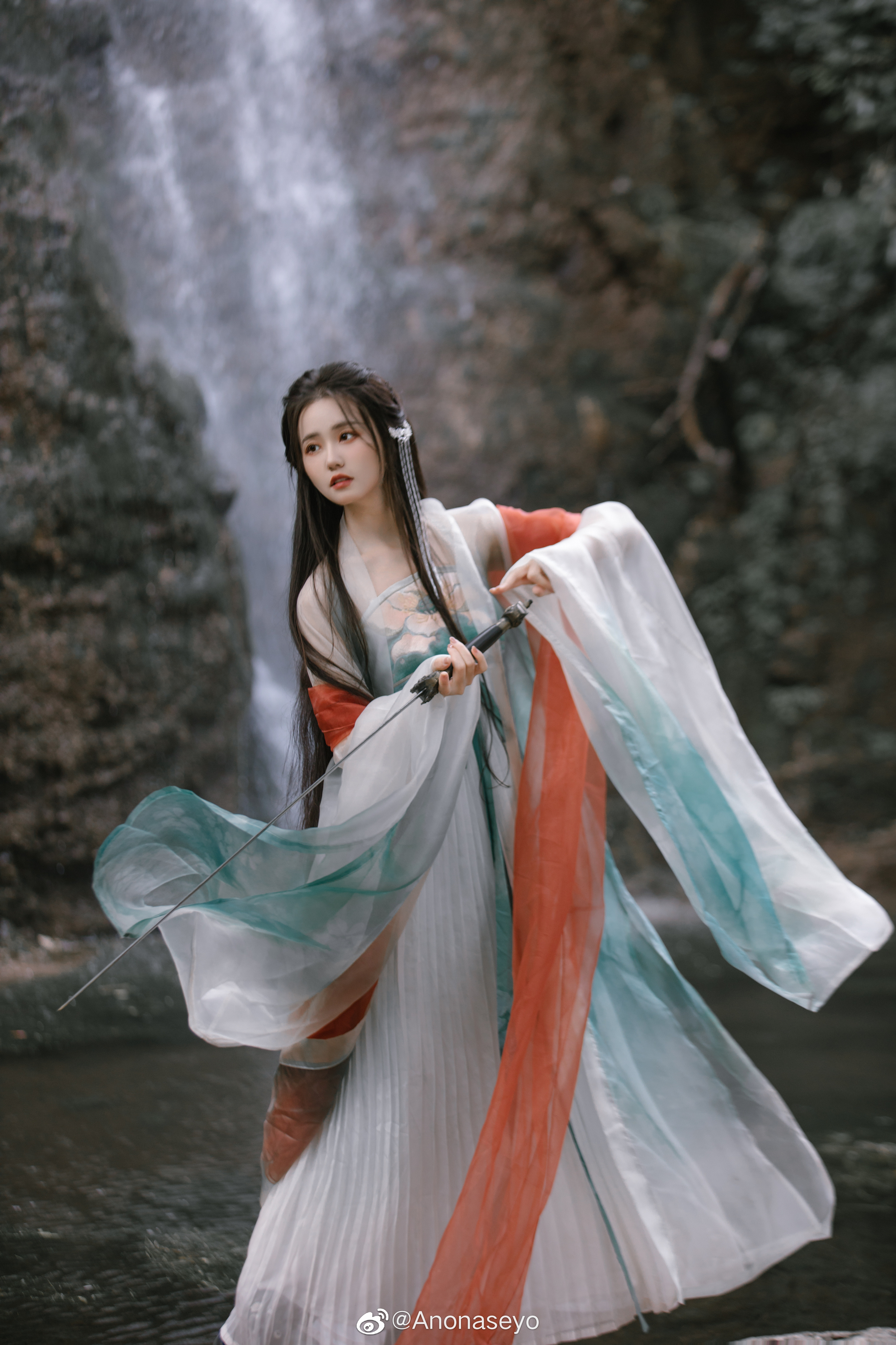 People 2688x4032 women Asian women with swords Chinese dress waterfall