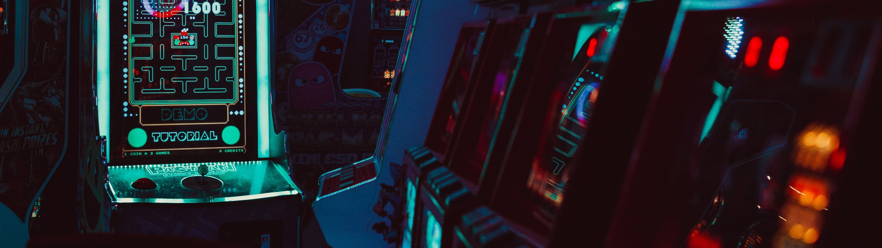General 2844x800 arcade  neon video games Pac-Man  arcade cabinet indoors retro games 1980s