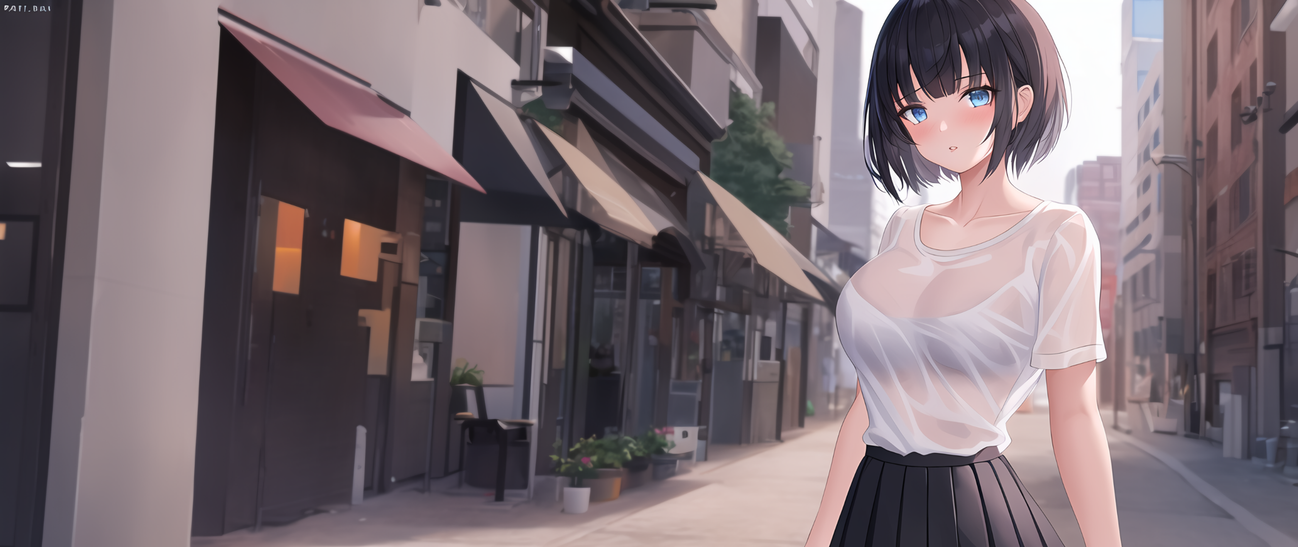 Anime 2560x1080 AI art city skirt wet blouse anime girls blue eyes blushing street boobs