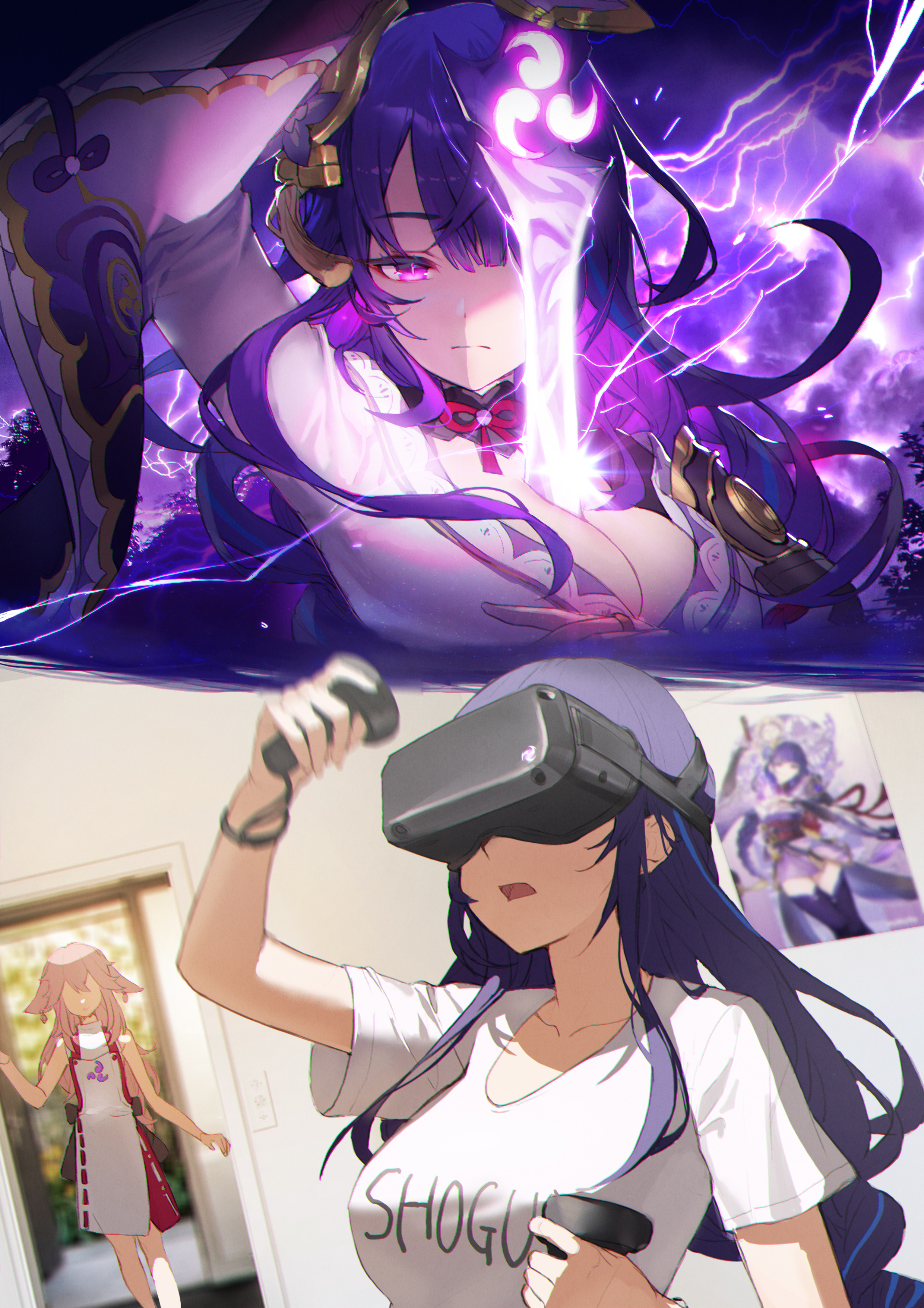 Anime 2480x3508 anime girls Genshin Impact Raiden Shogun (Genshin Impact) purple hair purple eyes Yae Miko (Genshin Impact) VR Headset sword