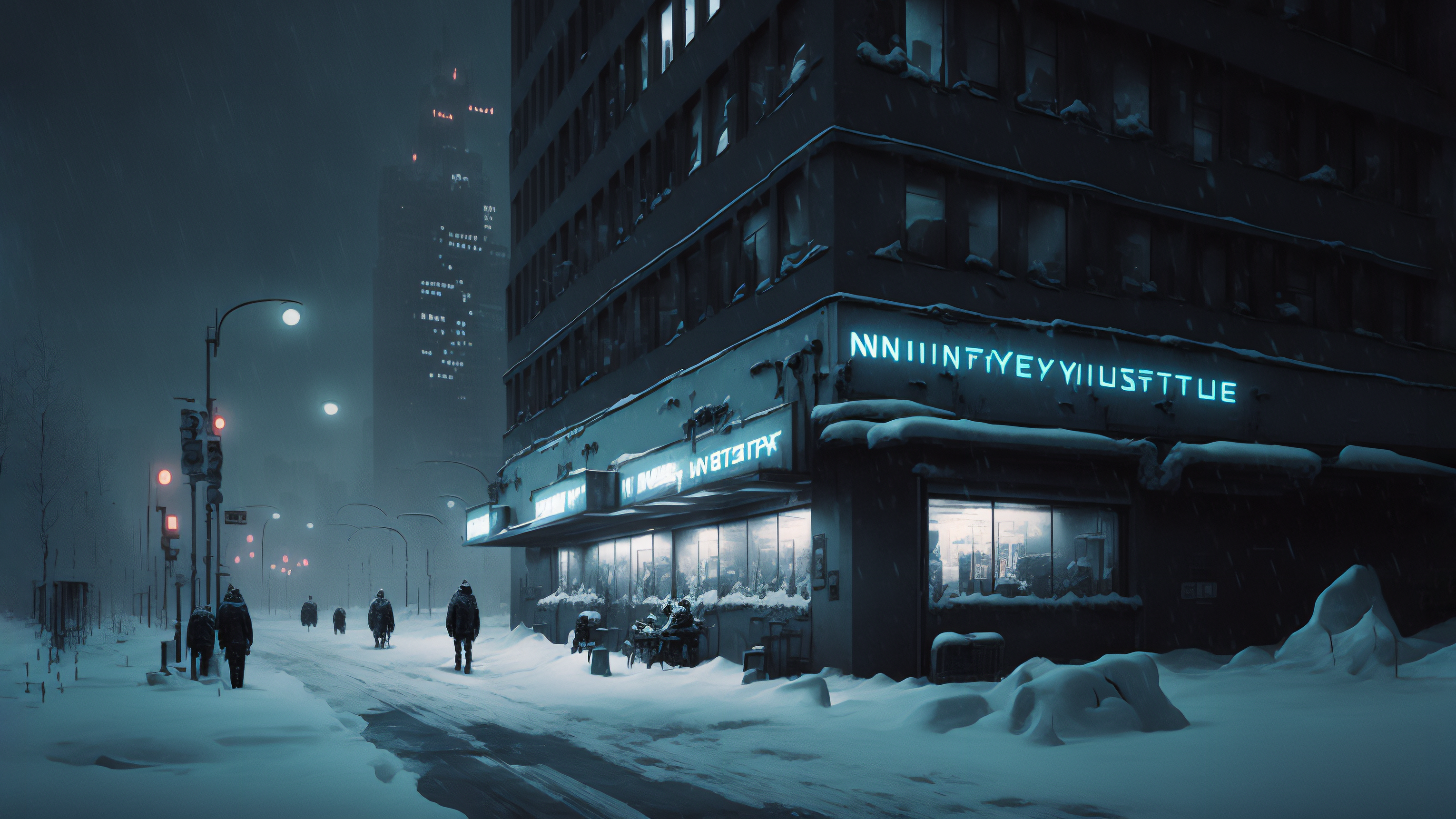 General 3060x1721 AI art winter snow city cyberpunk Blade Runner