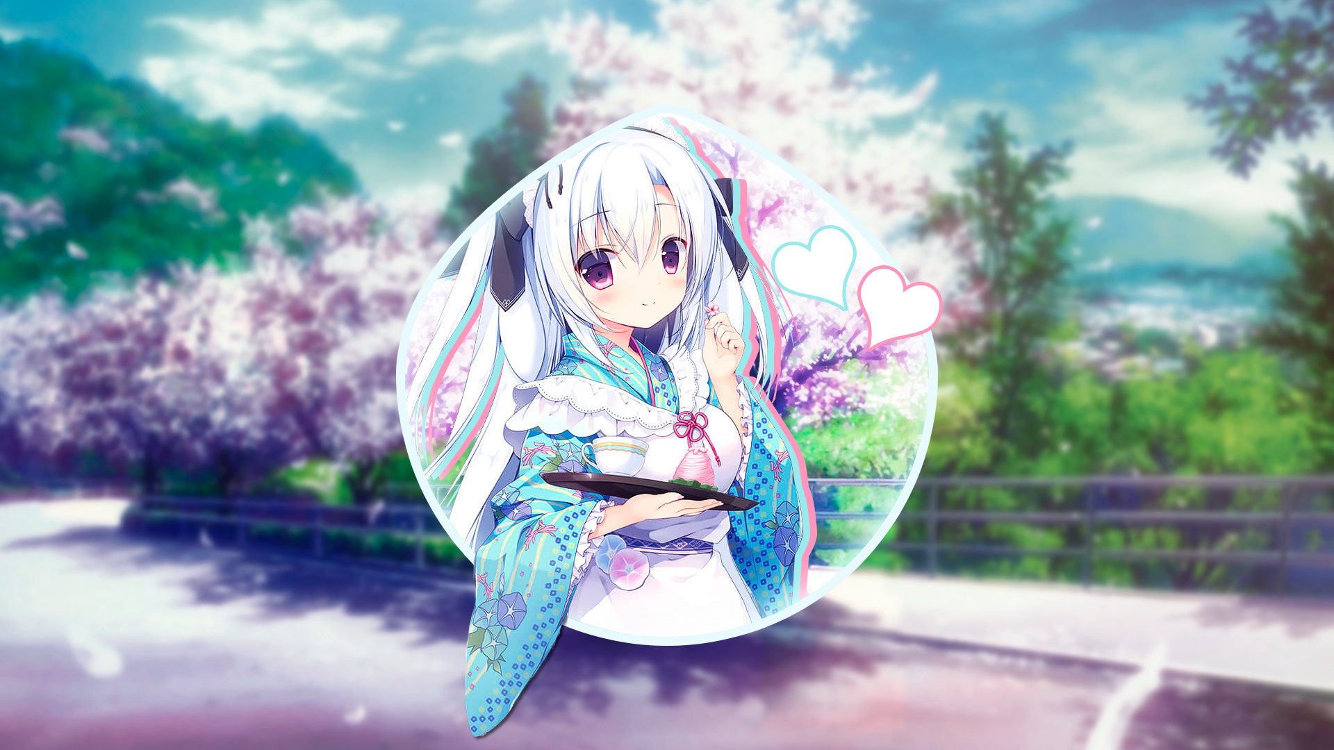 Anime 1920x1080 anime girls white hair visual novel yukata picture-in-picture bunny ears apron heart petals