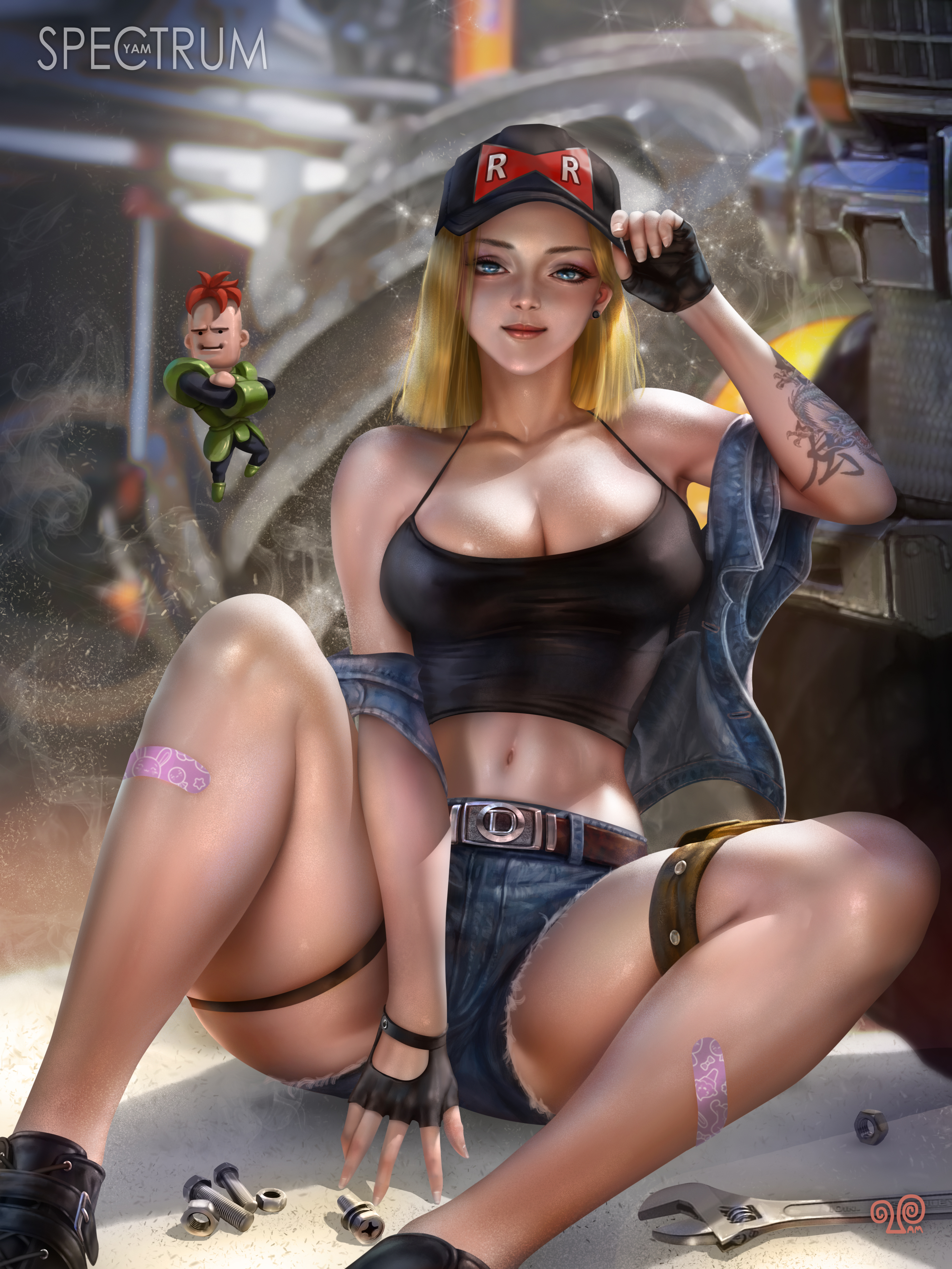 Anime 3000x4000 Android 18 Dragon Ball Z anime anime girls blonde 2D artwork drawing fan art Mansik Yang black top denim jean shorts cleavage band-aid big boobs portrait display hat tattoo Android 16 chibi