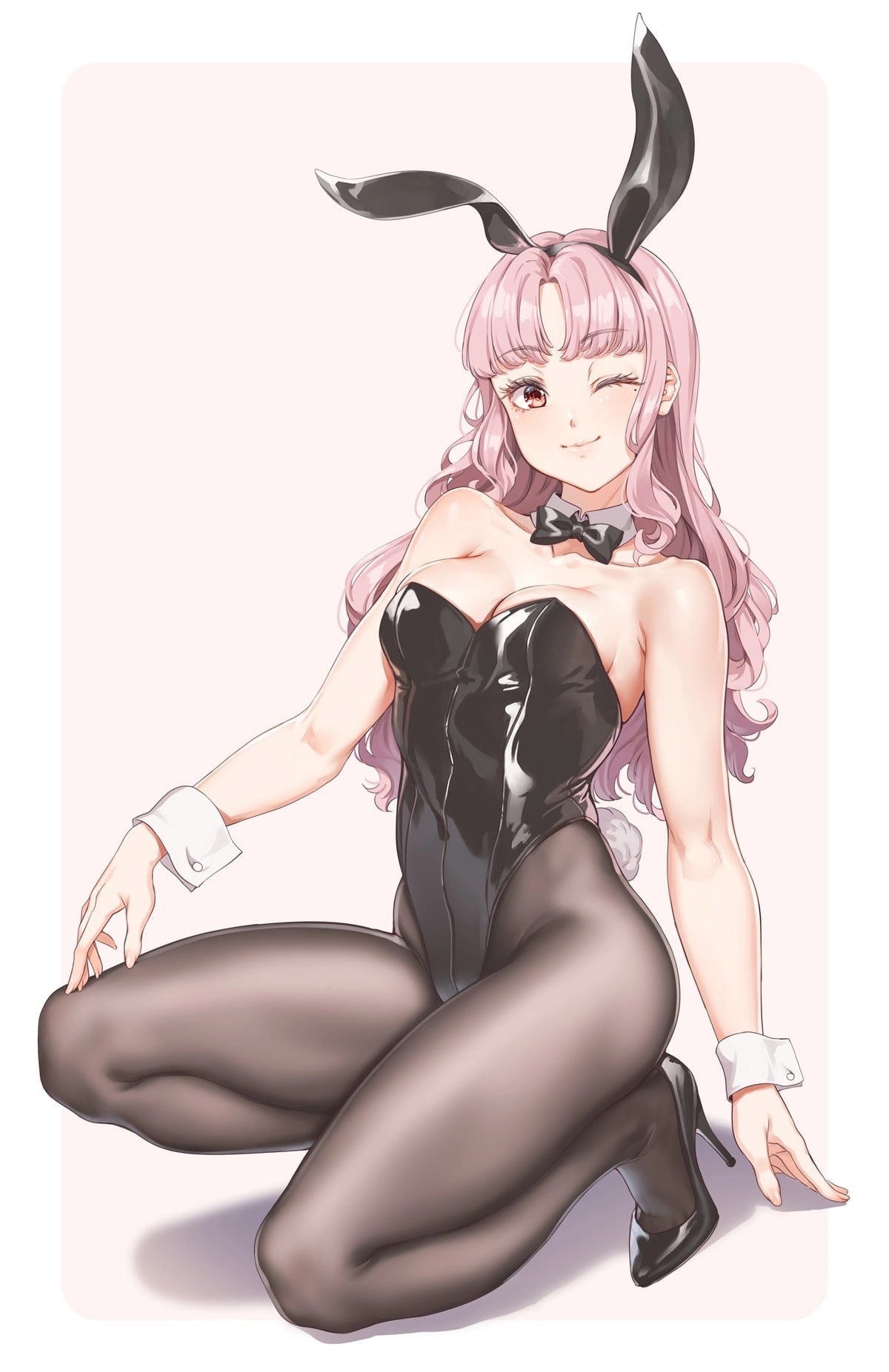 Anime 1200x1853 bunny suit bunny ears pantyhose sitting pink hair one eye closed wink black heels black pantyhose moles anime girls portrait display bunny tail bow tie cleavage pink eyes smiling mole under eye