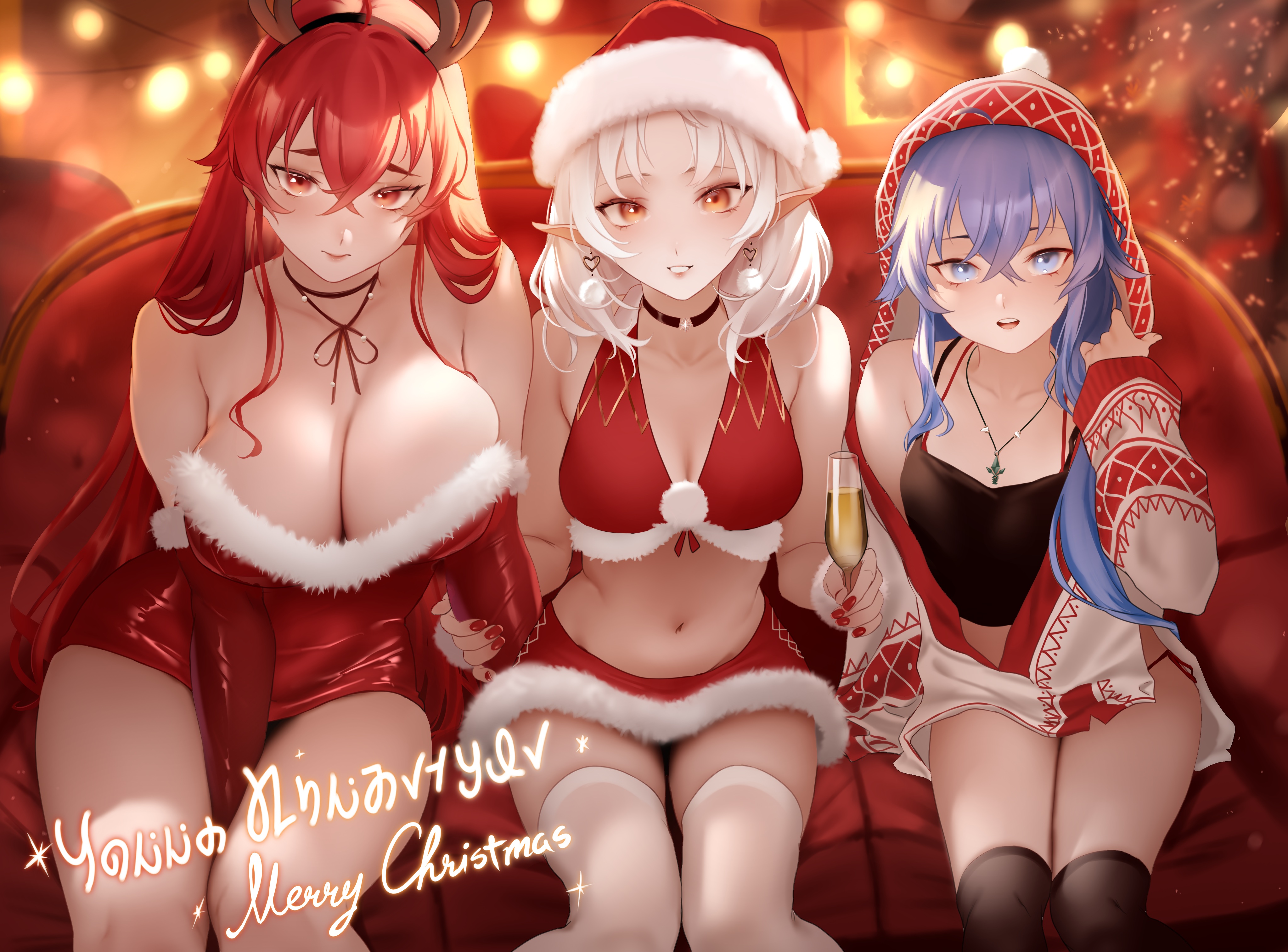 Anime 4093x3024 anime anime girls Christmas clothes cleavage Christmas big boobs Santa hats champagne choker necklace women trio couch text Pixie Mushoku Tensei Eris Boreas Greyrat (Mushoku Tensei) Roxy Migurdia (Mushoku Tensei) Sylphiette