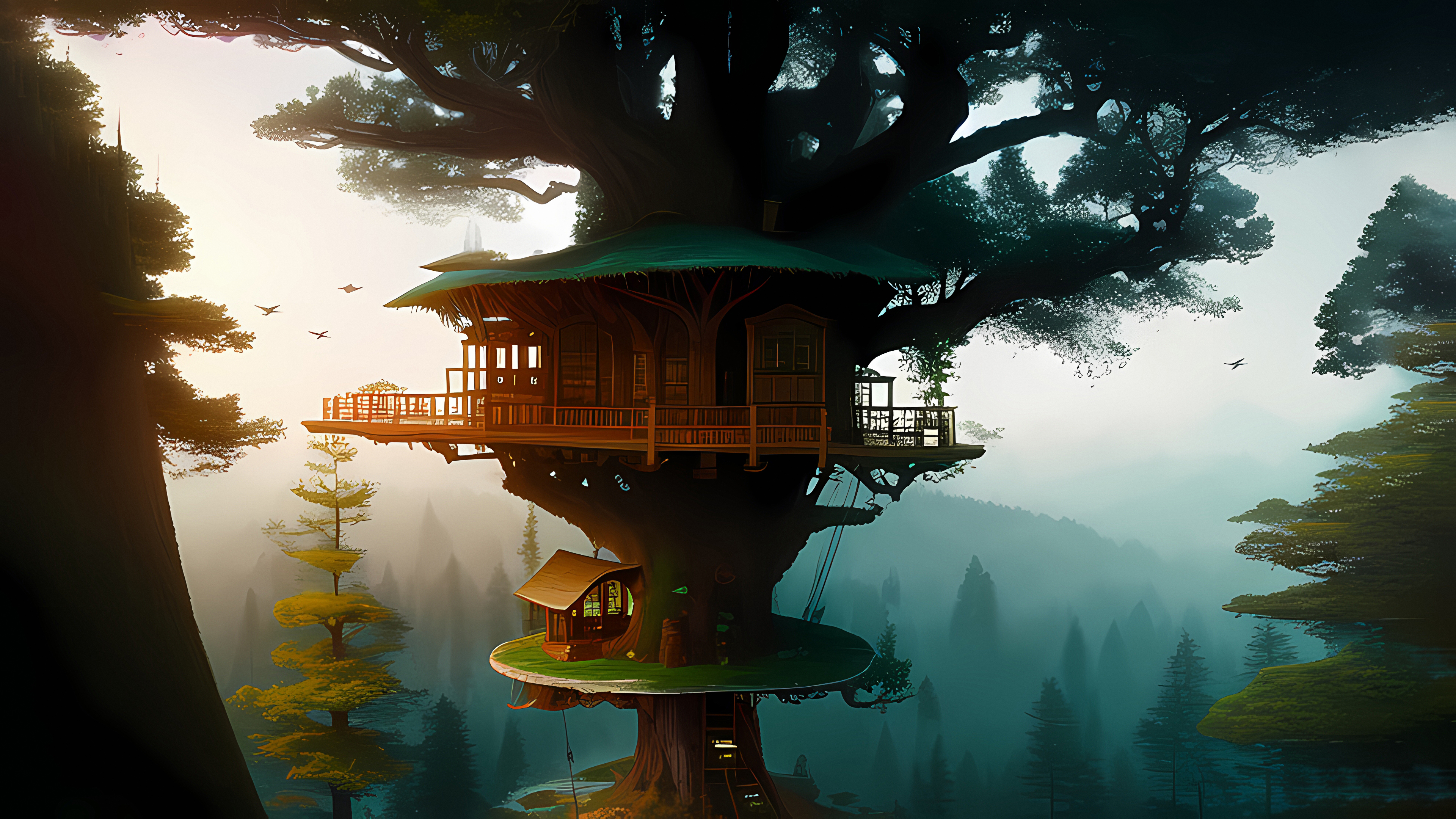General 3840x2160 Stable Diffusion 4K AI art tree house dawn trees nature