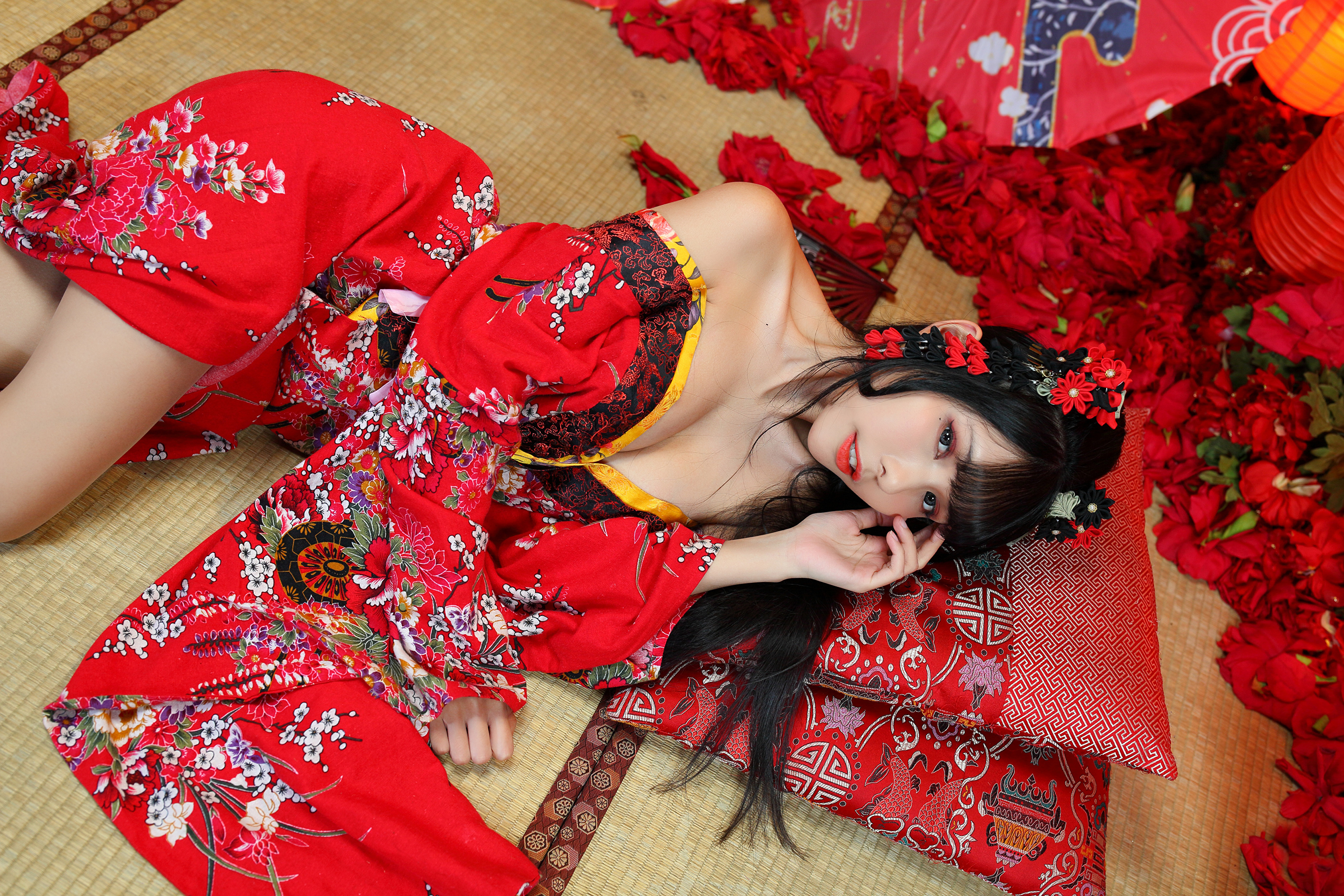 People 3840x2560 Asian model women long hair dark hair lying down Vicky (Asian model)