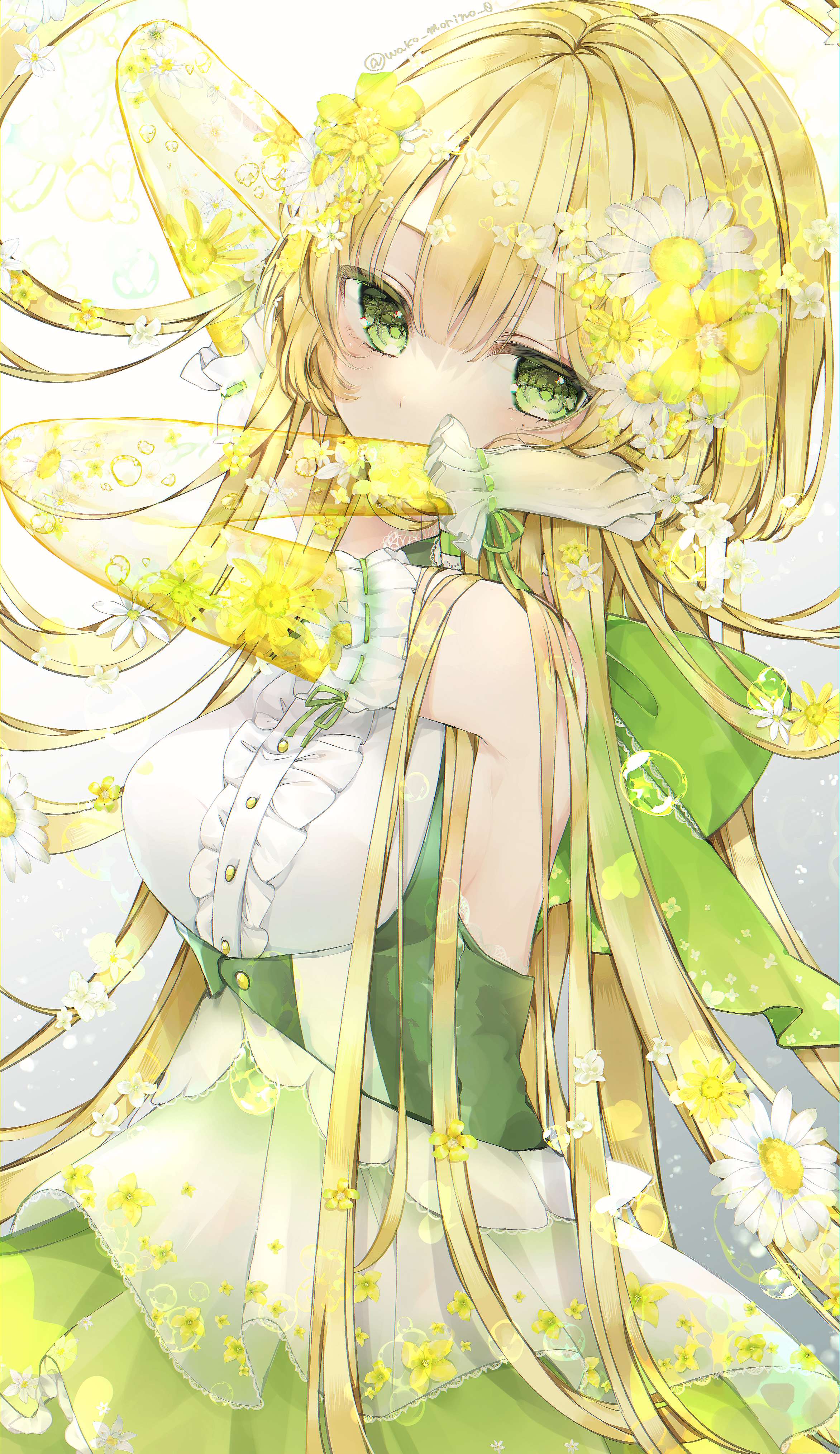 Anime 2344x4056 anime anime girls portrait display flowers flower in hair long hair blonde green eyes