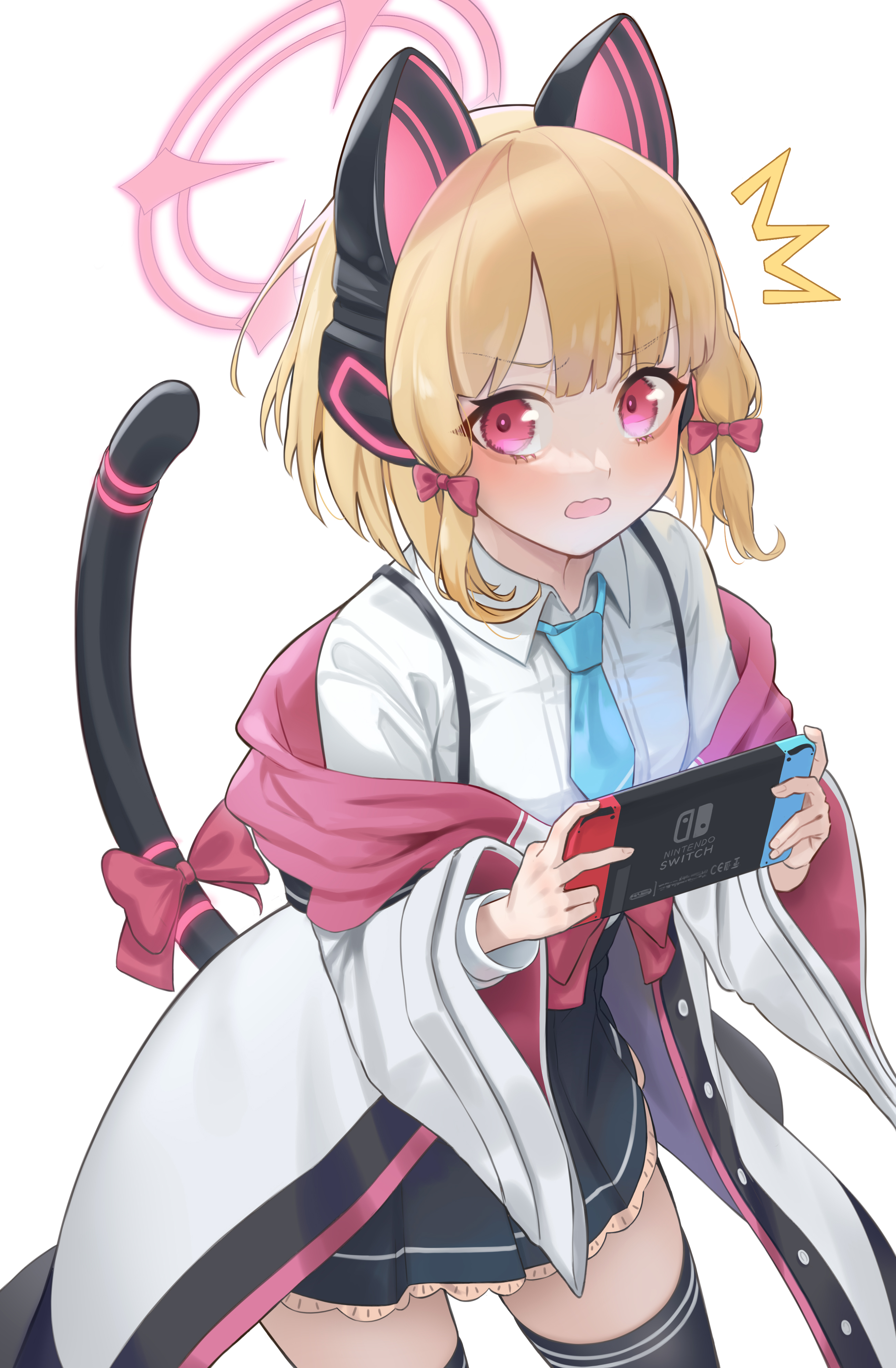 Anime 2600x3970 Lovely (Hentai) Tail Tale Blue Archive anime girls cat girl cat ears cat tail Nintendo Switch blonde blushing tie red eyes portrait display Saiba Momoi