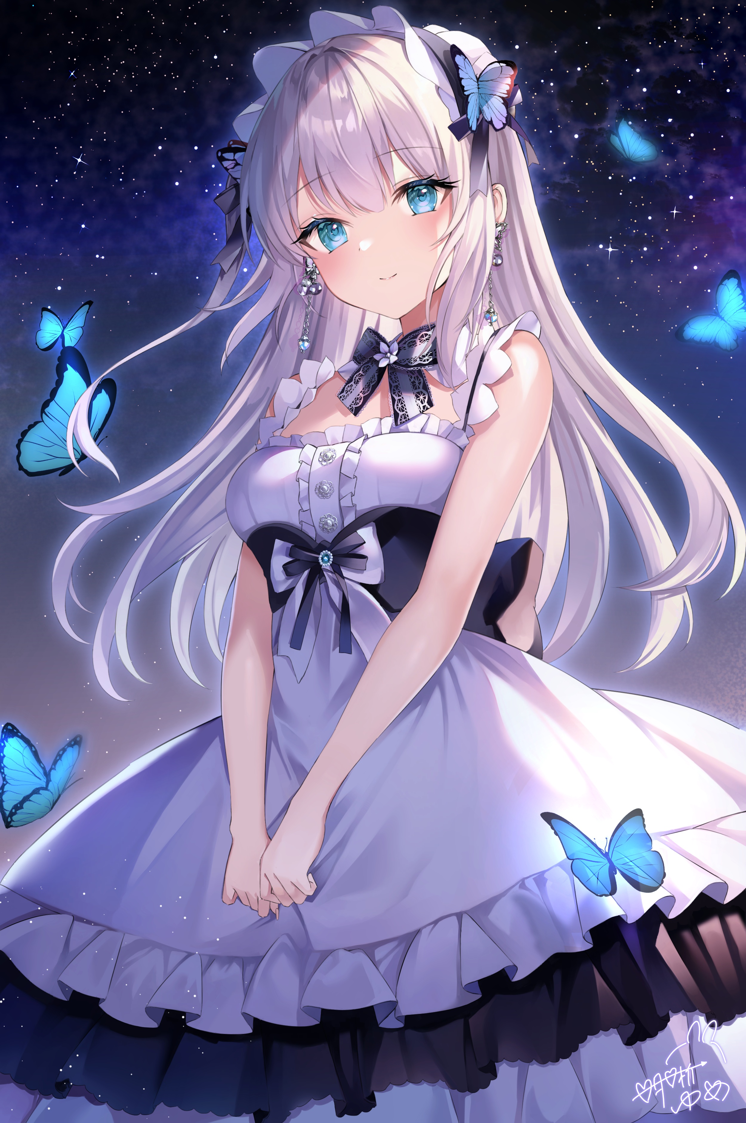 Anime 2500x3762 anime anime girls dress butterfly portrait display smiling bow tie blue eyes earring stars