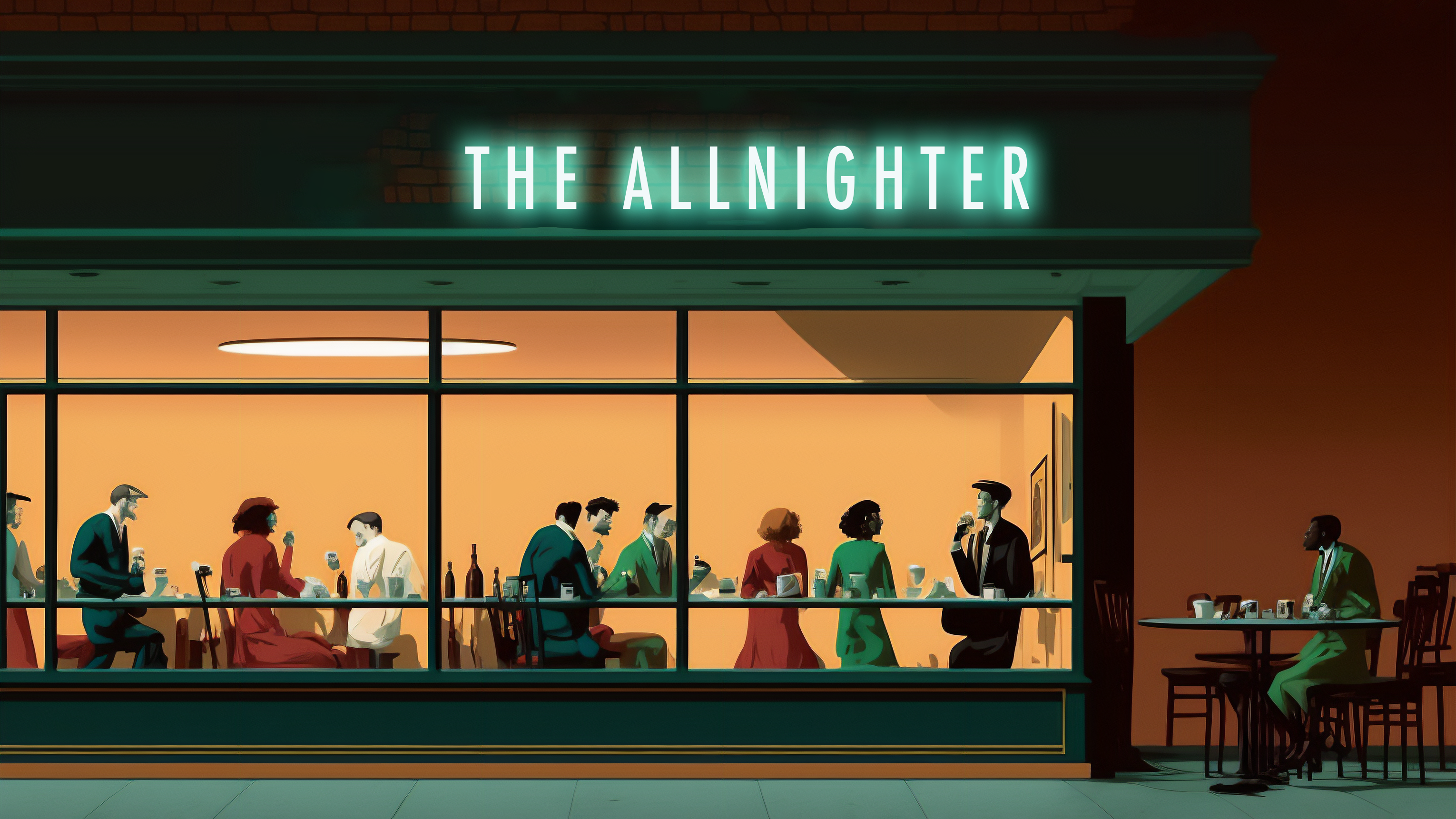 General 3060x1721 AI art illustration diner cafe night people neon