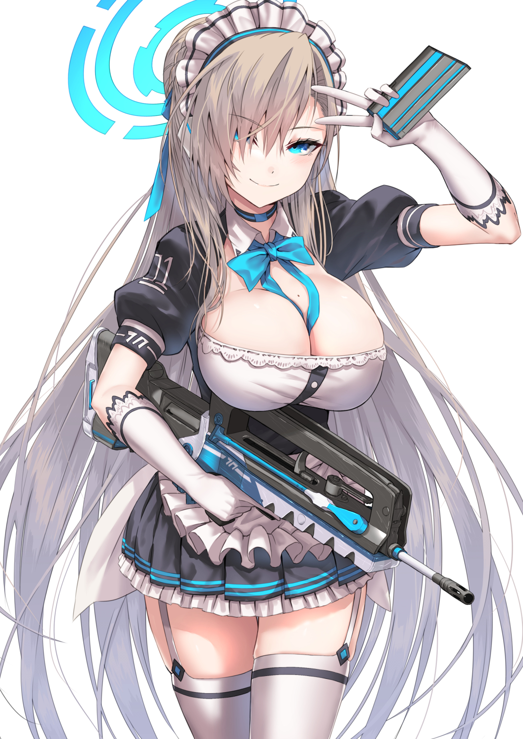 Anime 1062x1500 anime anime girls big boobs thighs Asuna Ichinose Blue Archive gun girls with guns peace sign long hair bow tie smiling gloves moles mole on breast stockings portrait display