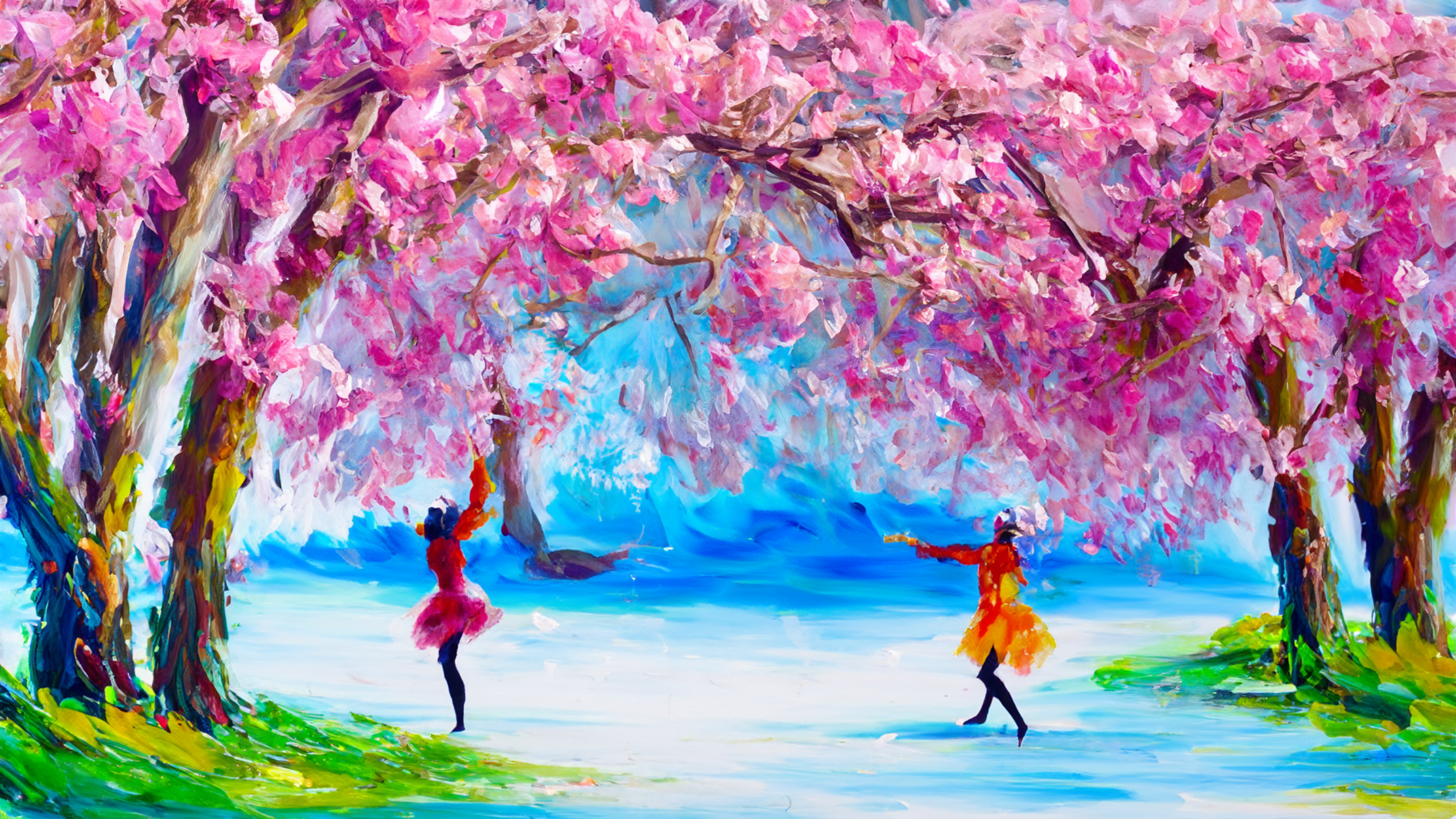 General 2560x1440 oil painting landscape blossoms cherry blossom dancing trees flowers artwork