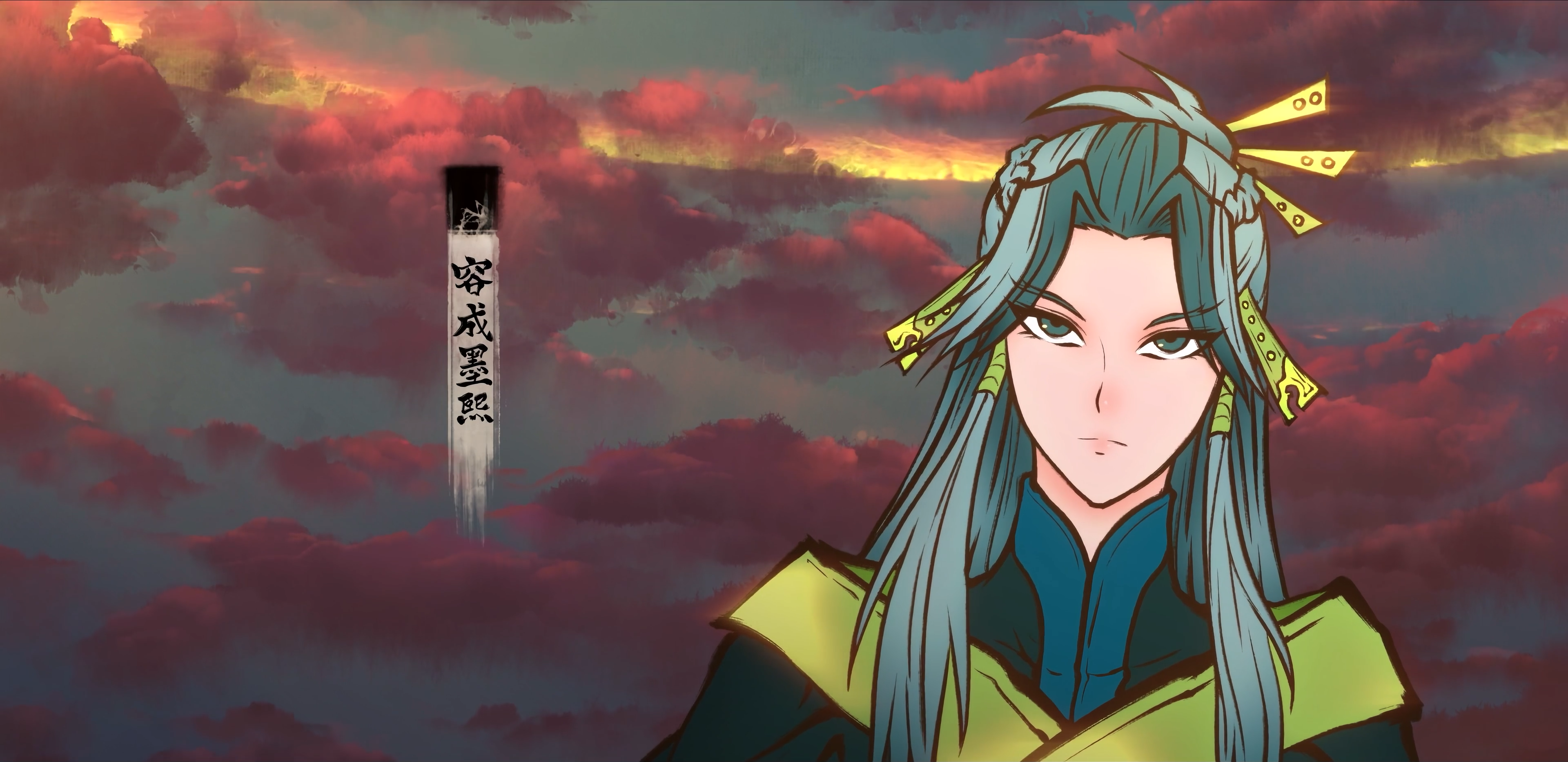 Anime 3840x1867 Chinese cartoon screen shot women looking at viewer Chinese long hair two tone hair sky clouds
