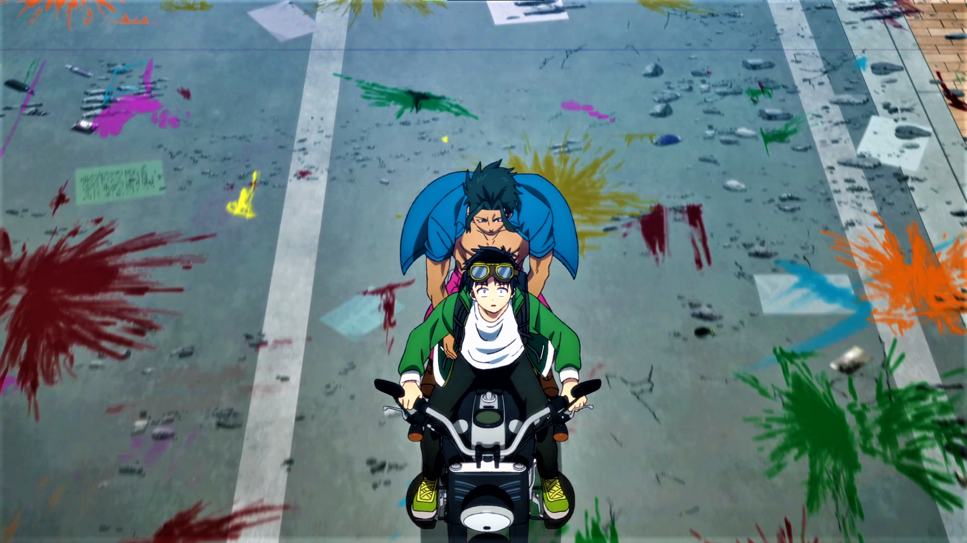 Anime 1920x1079 Zom 100: Bucket List of the Dead Akira Tendou Kenichirou Ryuuzaki blood motorcycle goggles anime Anime screenshot anime boys vehicle looking at viewer looking up driving