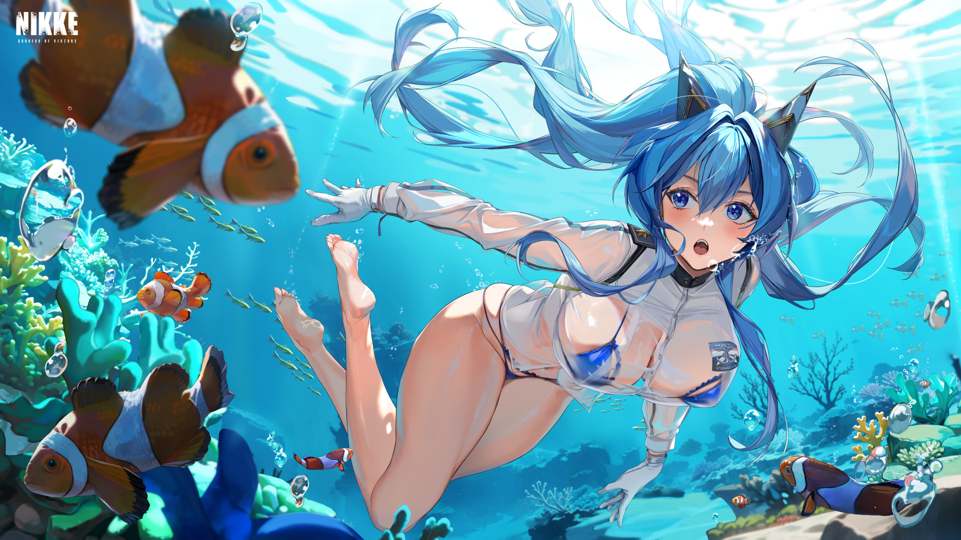 Anime 1920x1080 Nikke: The Goddess of Victory anime girls blue bikini Helm (Nikke) underwater string bikini blue hair looking sideways sea blue eyes in water see-through clothing fish wet clothing swimming long hair tropical fish foot sole barefoot water white shirt white gloves gloves bubbles open mouth huge breasts cleavage coral reef pinkmill feet thighs toes
