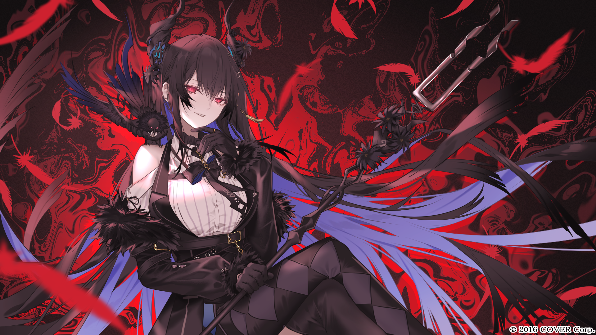 Anime 1920x1080 anime anime girls long hair looking at viewer gloves legs crossed watermarked two tone hair horns flower in hair feathers bow tie birds animals raven Hololive Hololive English Nerissa Ravencroft Virtual Youtuber