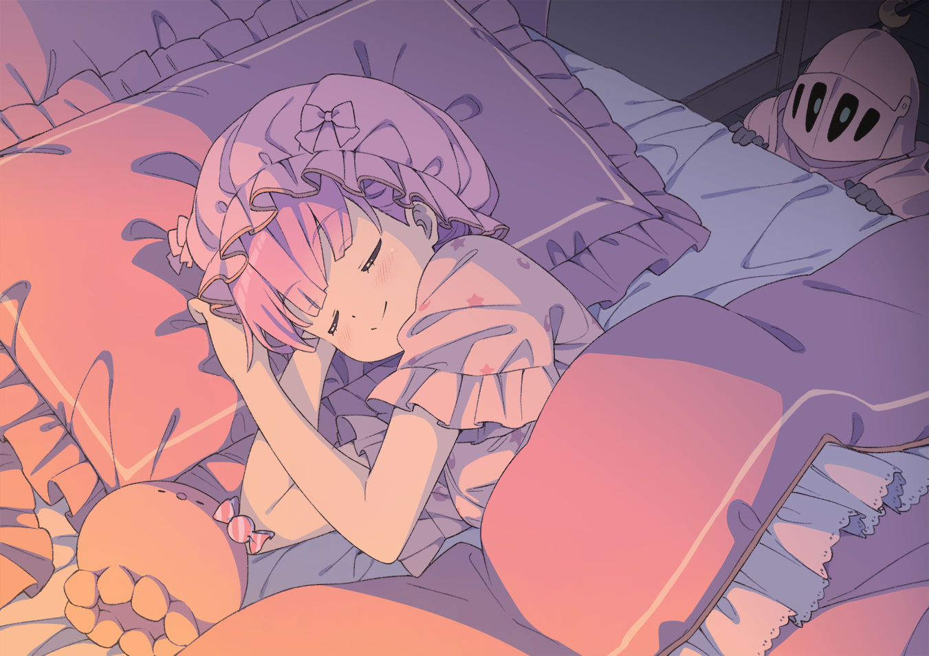 Anime 1351x955 anime anime girls closed eyes smiling lying down lying on side pillow bed sleeping candy pyjamas bow tie blushing