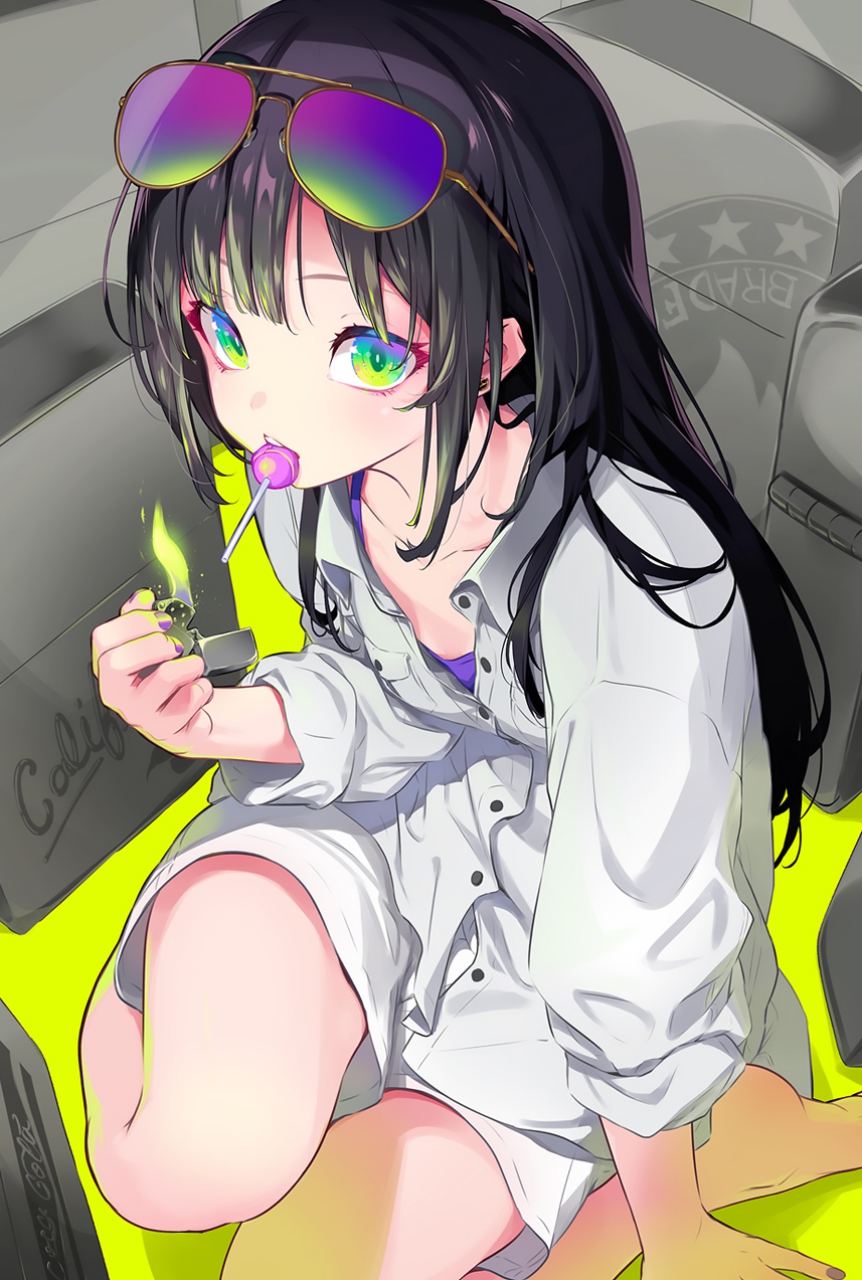 Anime 862x1280 original characters lighter anime girls portrait display lollipop long hair looking at viewer multi-colored eyes sunglasses