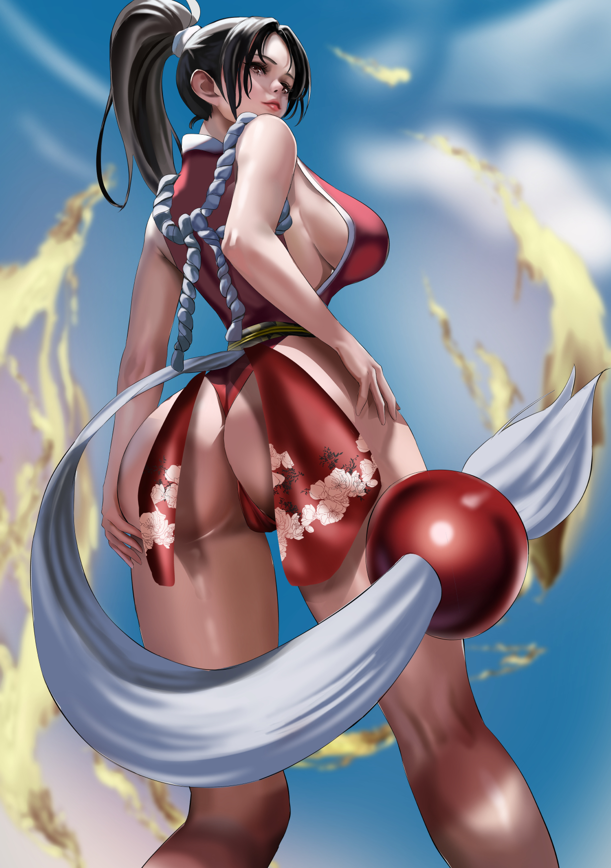 Anime 1230x1746 Mai Shiranui Fatal Fury King of Fighters boobs sideboob looking away partially clothed no bra thong skimpy clothes standing big boobs dark hair long hair Kunoichi ponytail rear view clouds thick ass floral huge breasts sky anime girls thighs video game girls fire looking sideways SNK