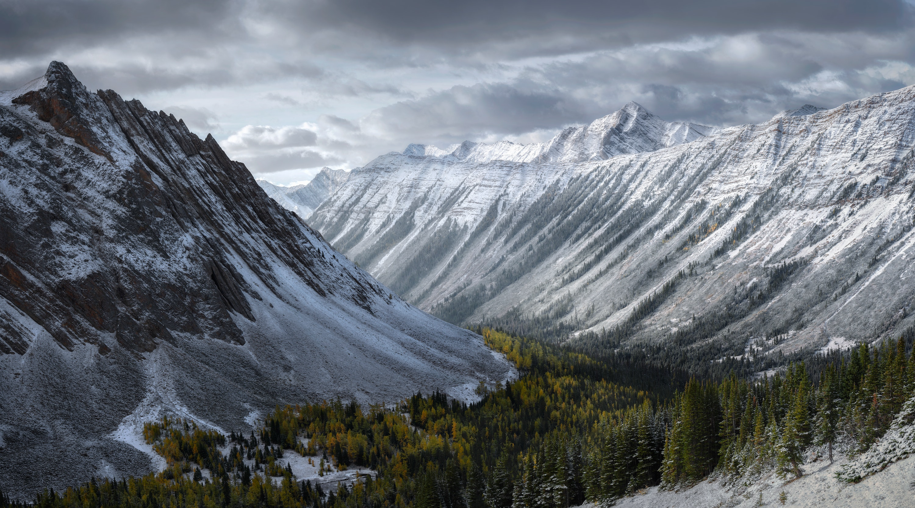 General 3000x1666 photography landscape nature mountains forest trees snow clouds sky Canada