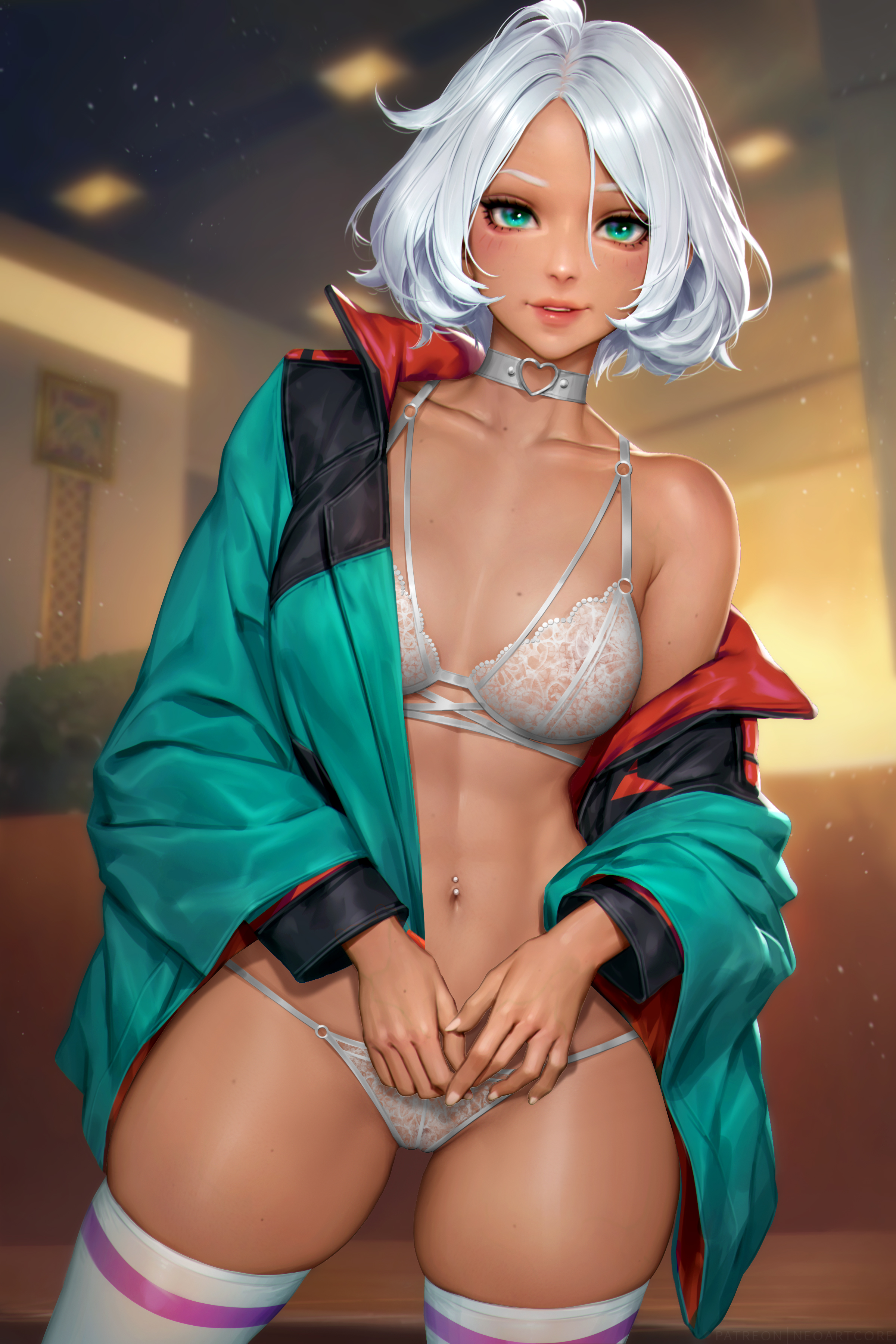 Anime 2400x3597 Secelia Dote Mobile Suit Gundam: The Witch from Mercury anime anime girls artwork drawing fan art NeoArtCorE (artist) underwear lingerie white lingerie thigh high socks choker standing portrait display looking at viewer short hair dark skin