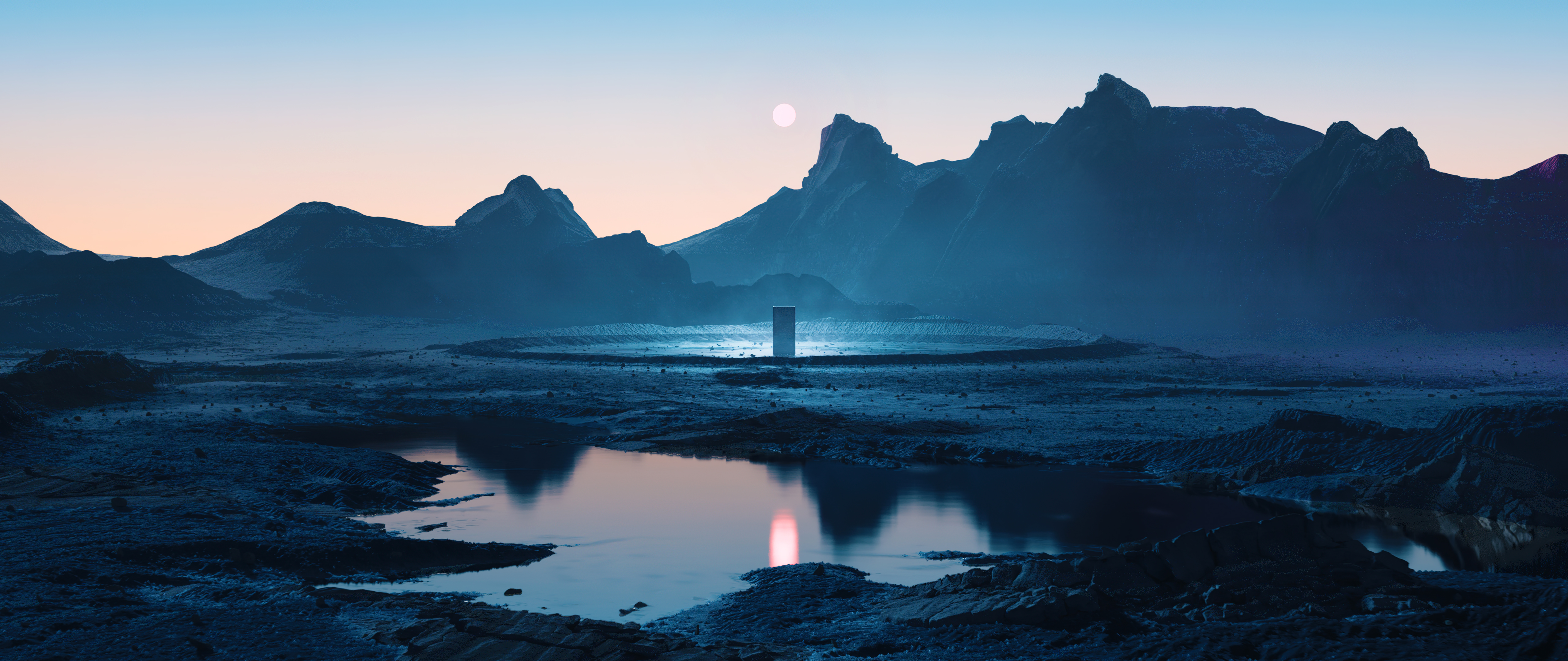 General 5120x2160 landscape CGI sunset lake reflection ultrawide nature mountains Monolith surreal sky water
