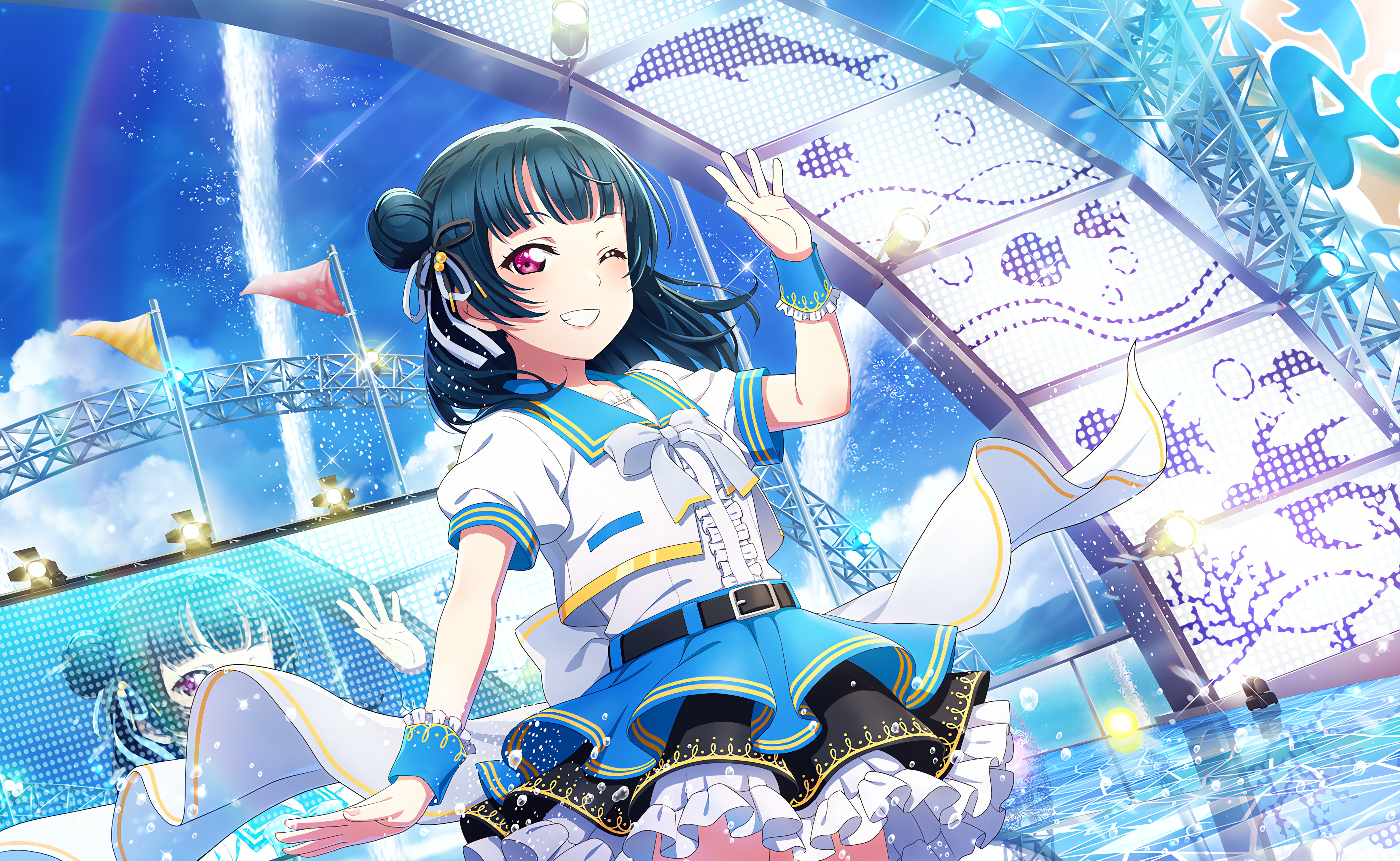 Anime 4096x2520 Tsushima Yoshiko Love Live! Love Live! Sunshine anime anime girls smiling one eye closed hairbun waving rainbows water sky clouds uniform bow tie looking at viewer flag stages stage light