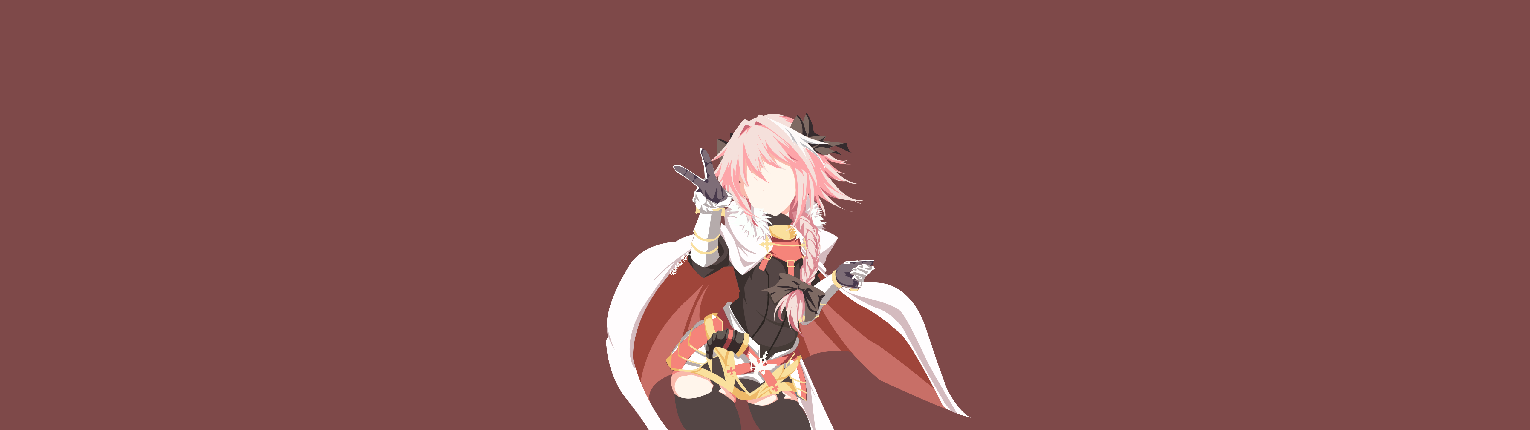 Anime 5120x1440 anime boys wide screen ultrawide femboy Astolfo (Fate/Apocrypha) Fate series faceless simple background minimalism peace sign cape braids long hair
