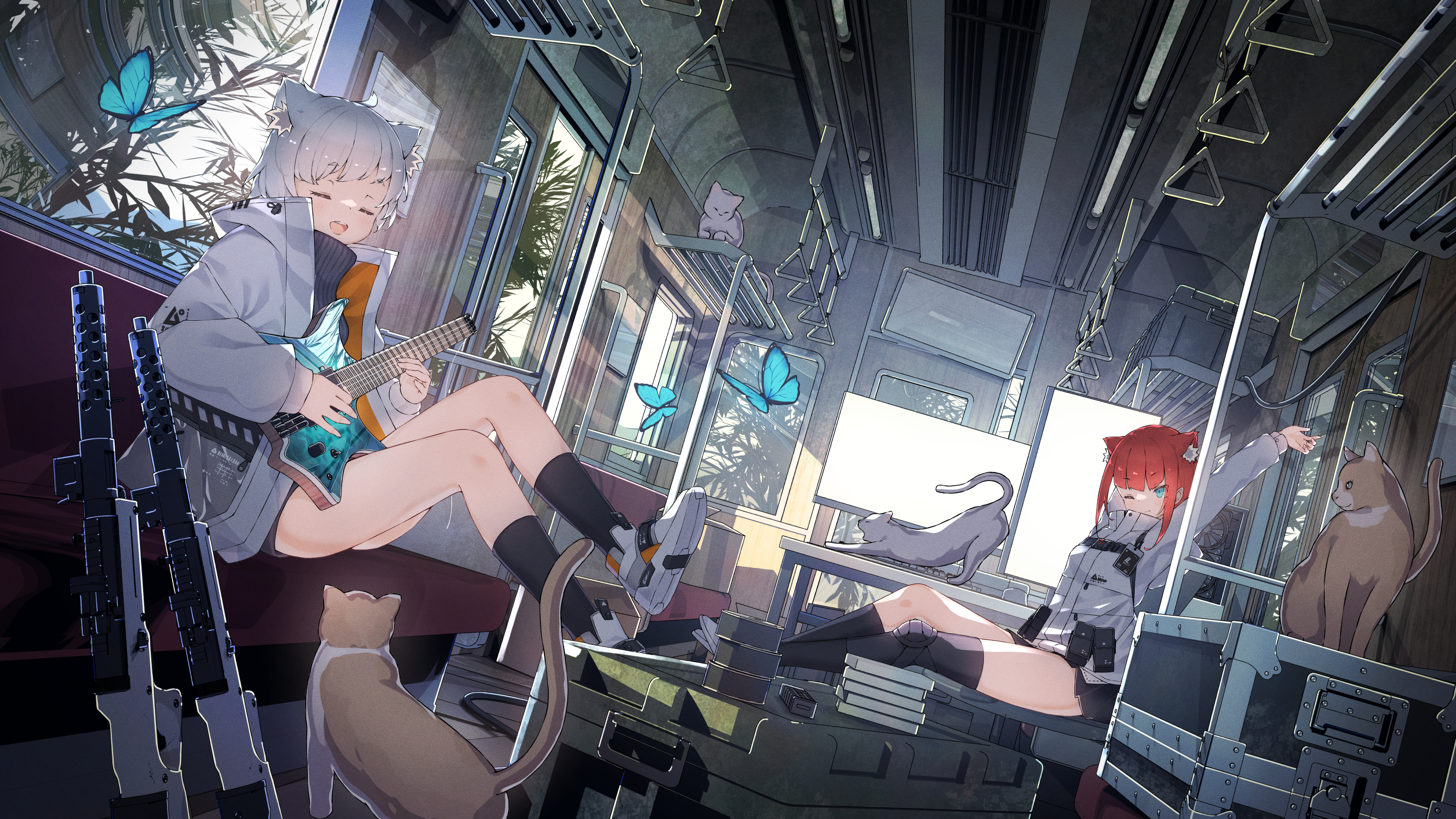 Anime 2800x1575 anime anime girls cat girl cat ears guitar musical instrument cats animals gun girls with guns closed eyes sitting butterfly one eye closed stretching interior