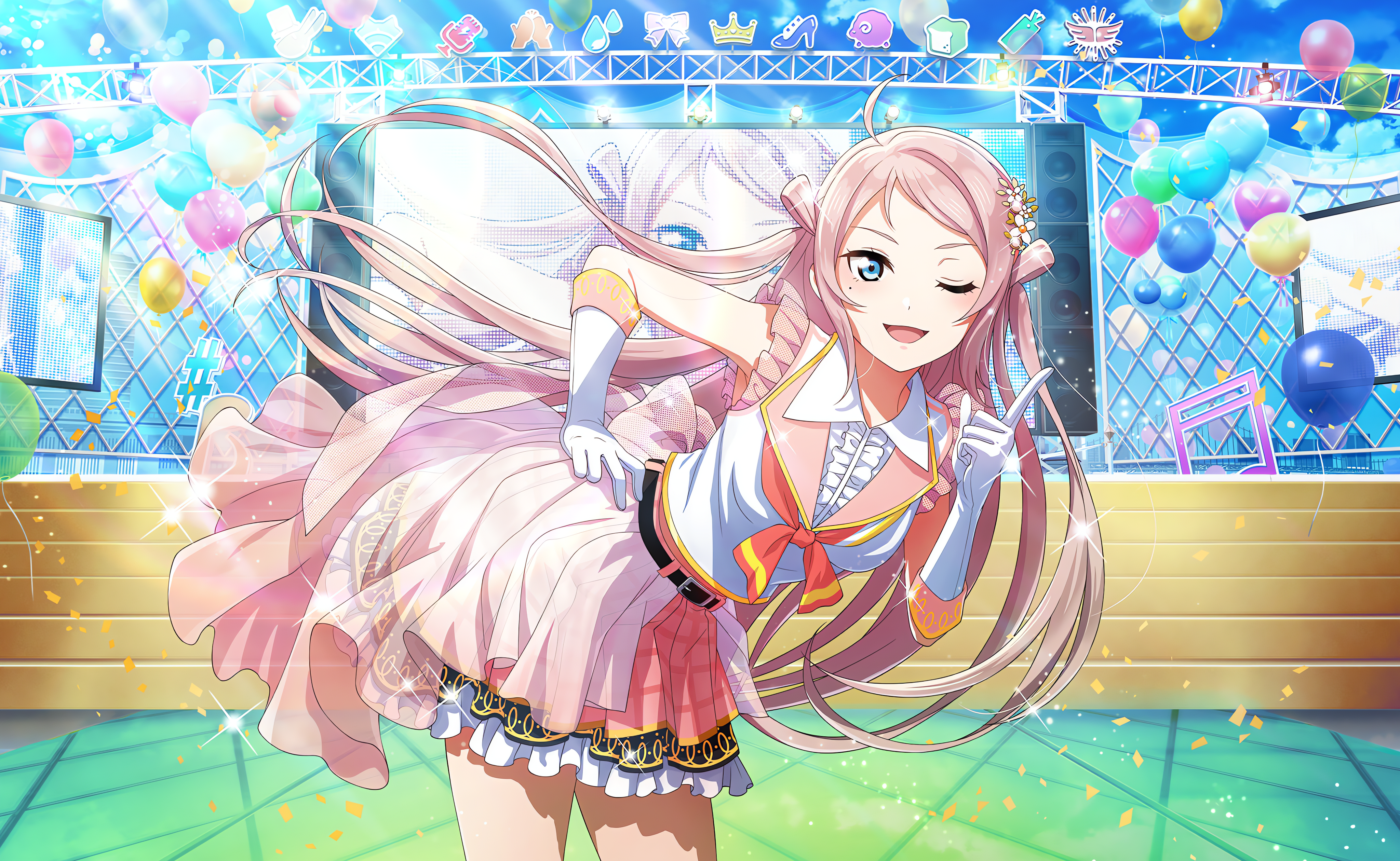 Anime 4096x2520 Lanzhu Zhong Love Live! Love Live! Nijigasaki High School Idol Club anime anime girls moles mole under eye gloves uniform stages lights balloon smiling looking at viewer confetti hands on hips stairs sunlight bow tie sky clouds musical notes