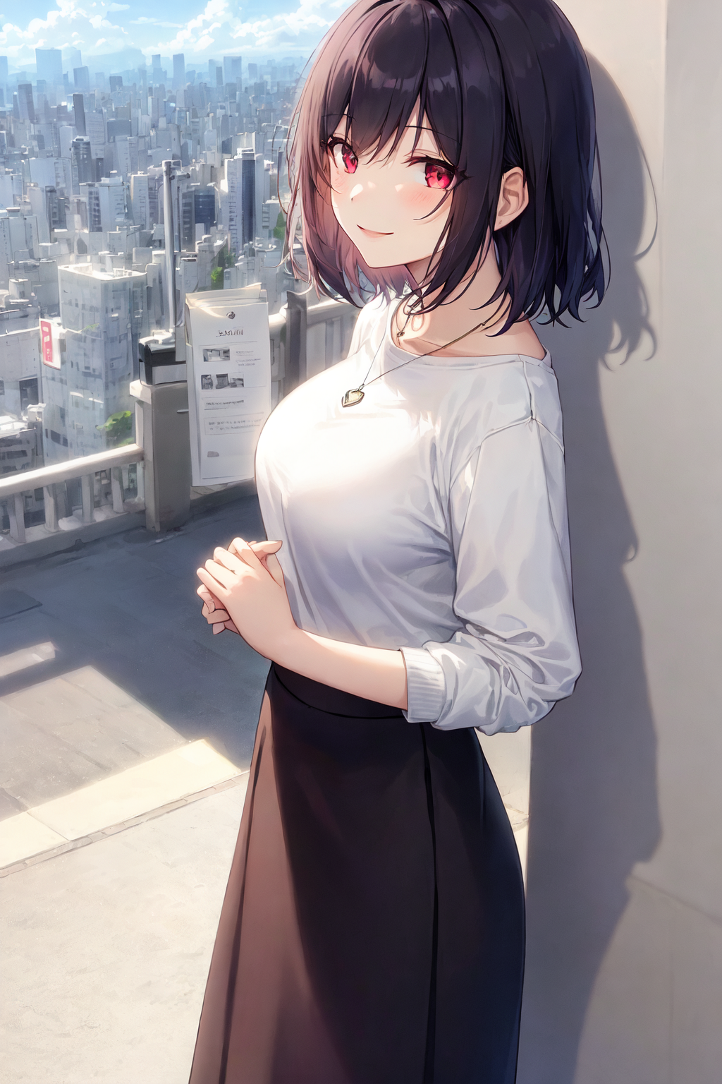 Anime 1024x1536 AI art anime anime girls short hair original characters solo artwork digital art portrait display black hair looking at viewer necklace smiling blushing city cityscape sky clouds building