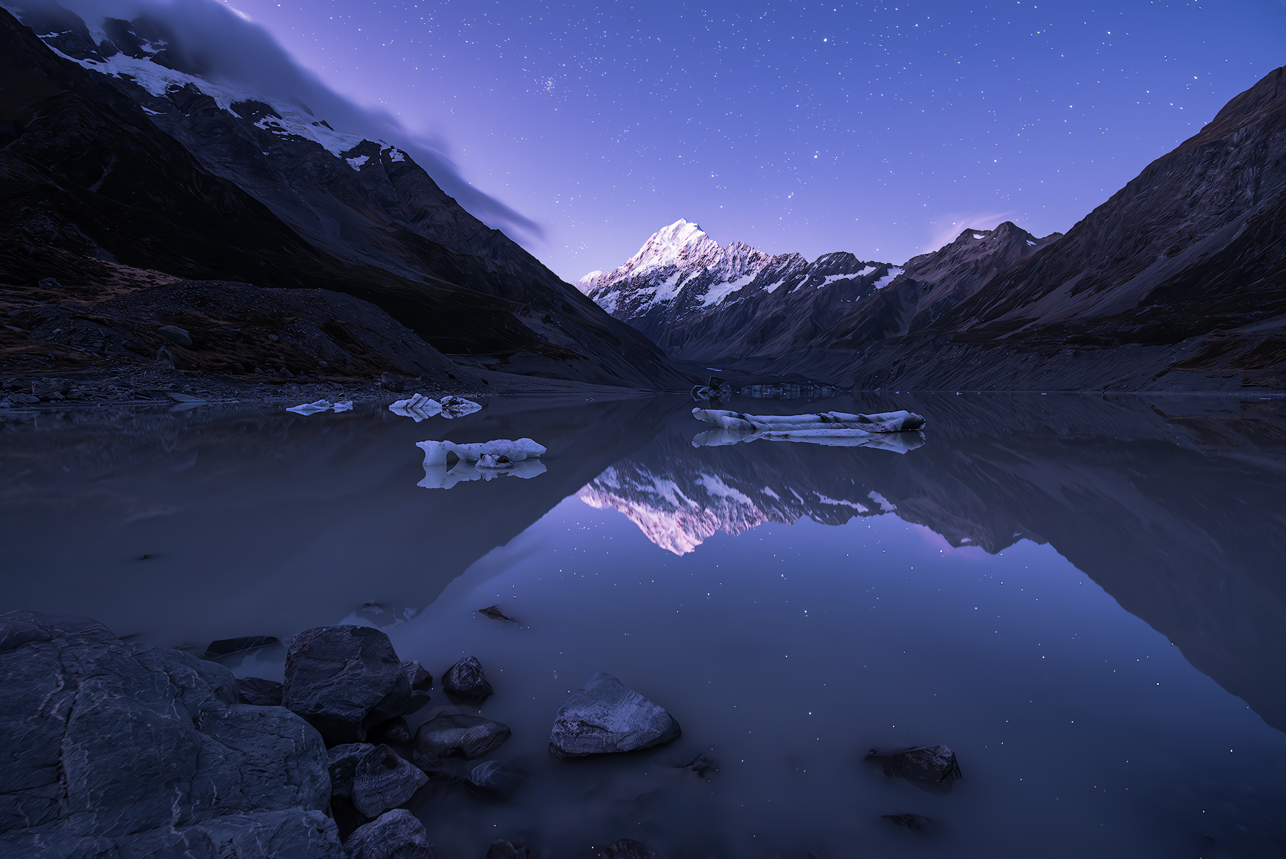 General 2600x1736 mountains snow water clear sky stars reflection nature sky rocks Mt Cook New Zealand