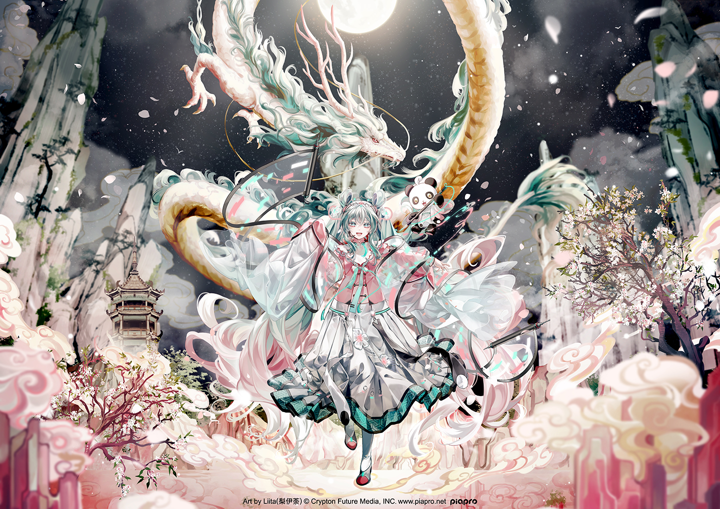 Anime 1440x1018 Vocaloid Hatsune Miku anime girls dragon looking at viewer Moon starred sky starry night Lilita cherry blossom flowers architecture aqua eyes long hair full moon watermarked Chinese clothing dress animals long sleeves panda women outdoors trees standing on one leg stars see-through clothing night clouds petals Chinese dragon