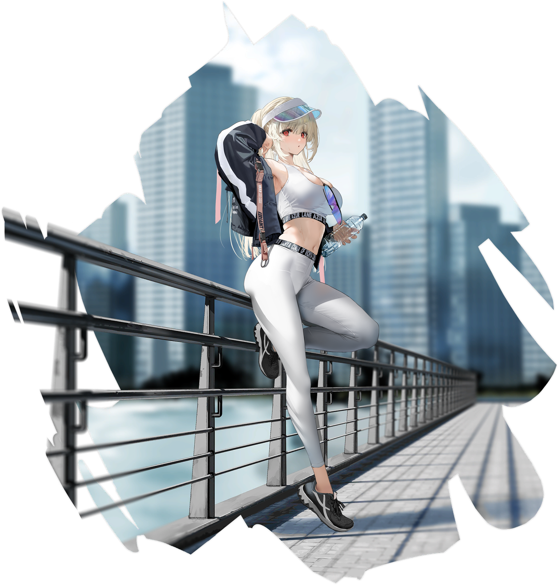 Anime 1951x2048 anime girls long hair sports bra looking at viewer standing yoga pants water bottle blonde red eyes hat city building belly belly button skyscraper railing Kersaint (Azur Lane) sneakers standing on one leg