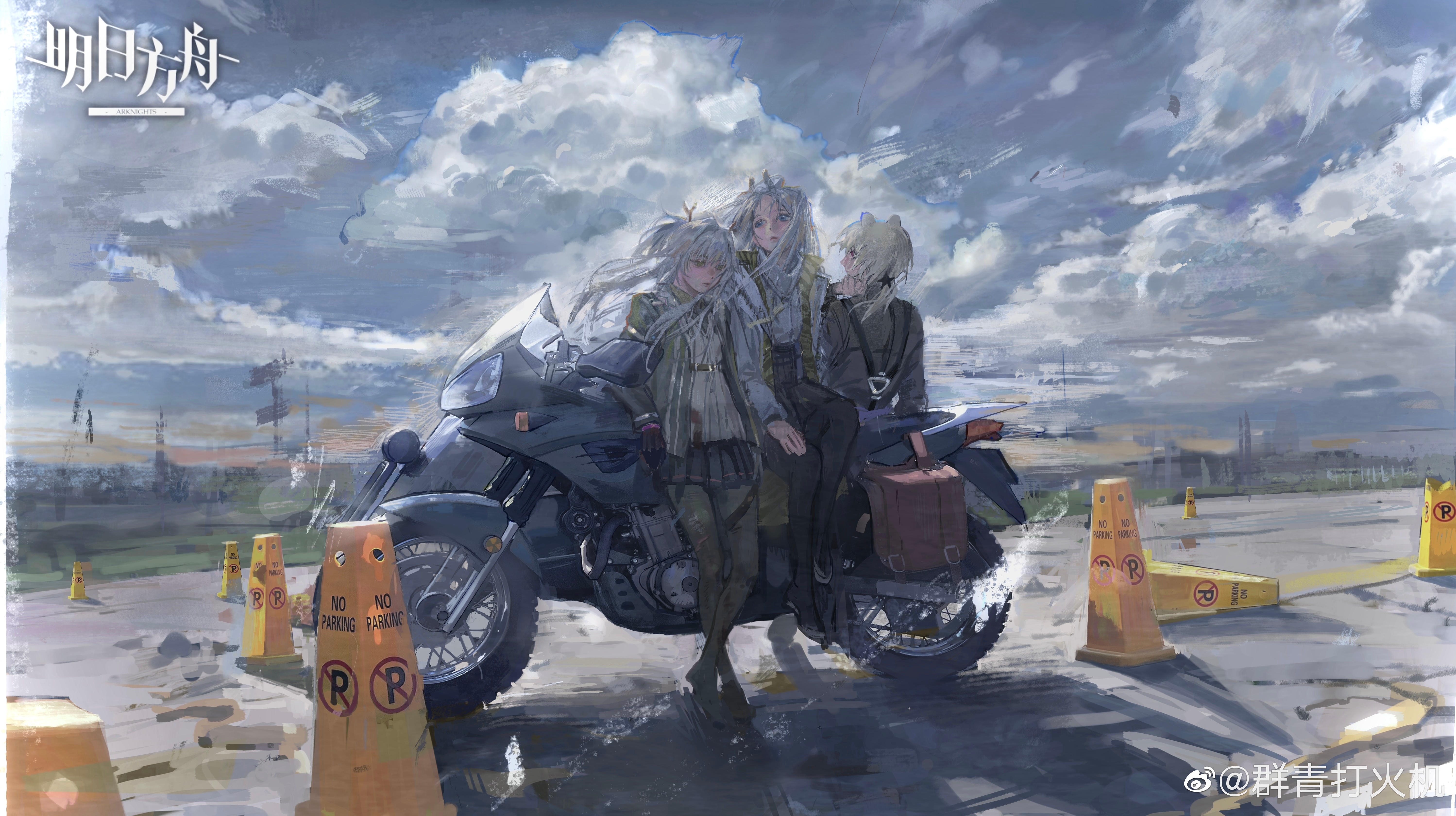 Anime 5996x3361 aZLing4 Arknights anime girls vehicle sky clouds traffic cone Japanese watermarked long hair hair blowing in the wind motorcycle gloves